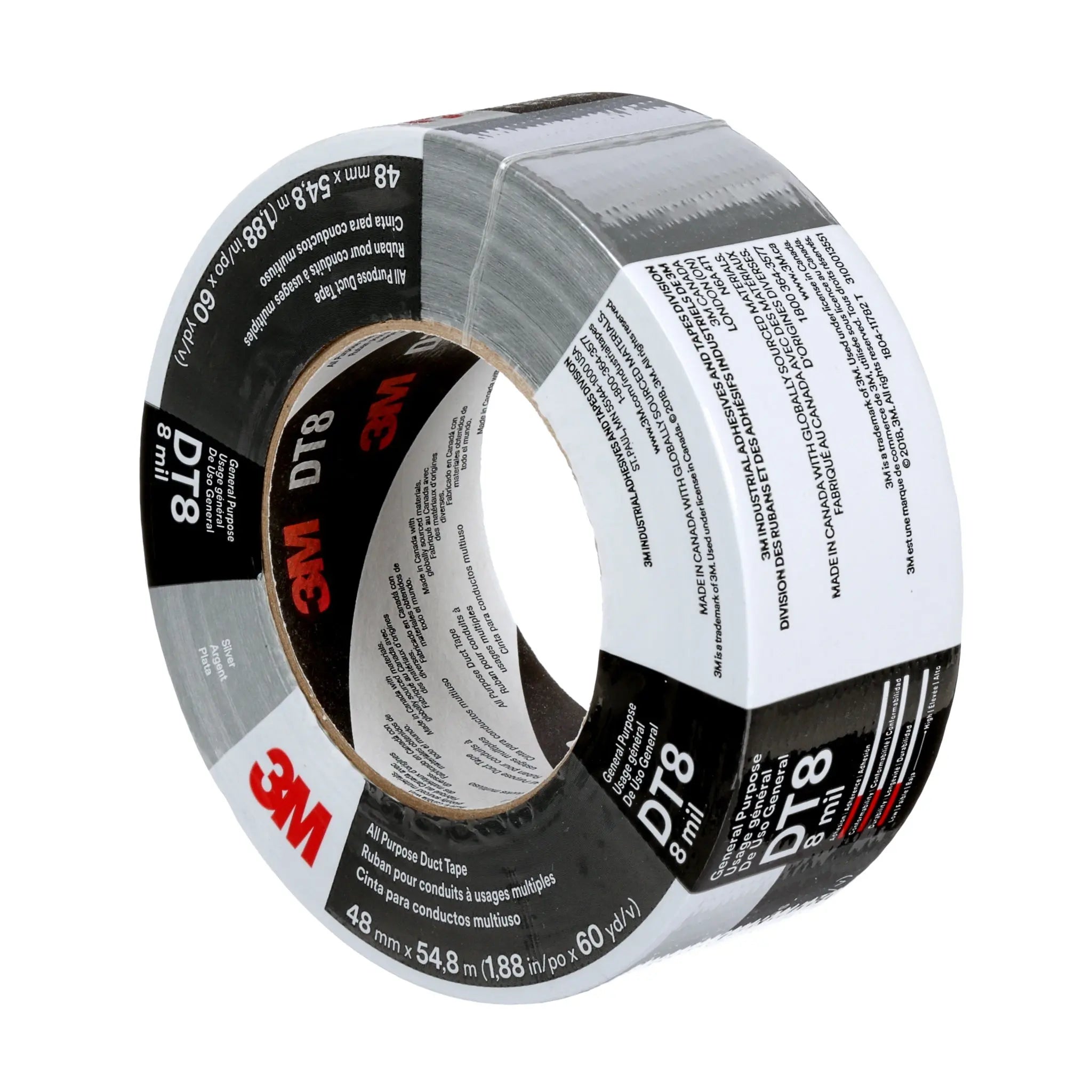 3M All Purpose Duct Tape DT8 Silver 48 mm x 54.8 m 8 mil, 1 Roll 