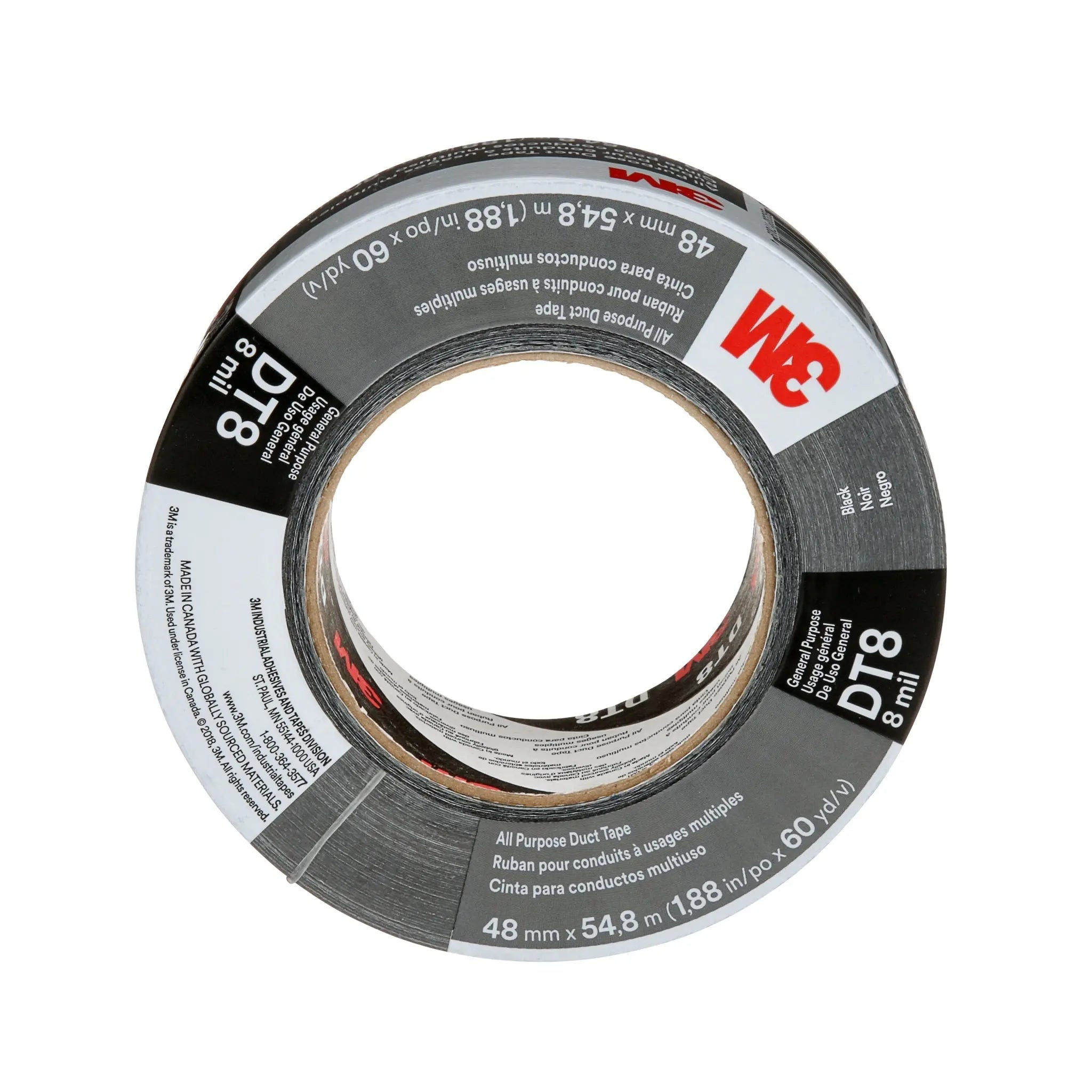 3M All Purpose Duct Tape DT8 Black 48 mm x 54.8 m 8 mil, 1 Roll 