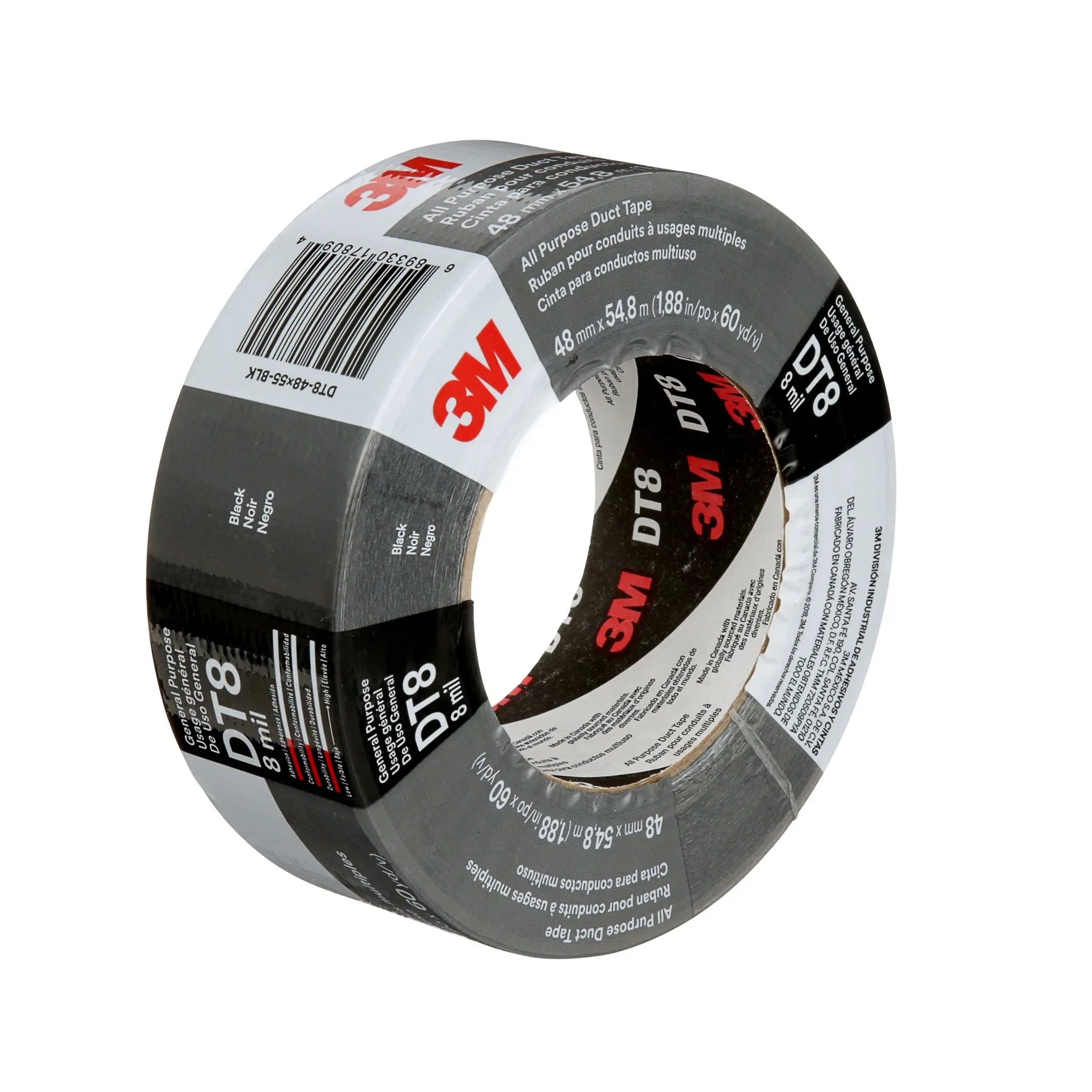 3M All Purpose Duct Tape DT8 Black 48 mm x 54.8 m 8 mil, 1 Roll 