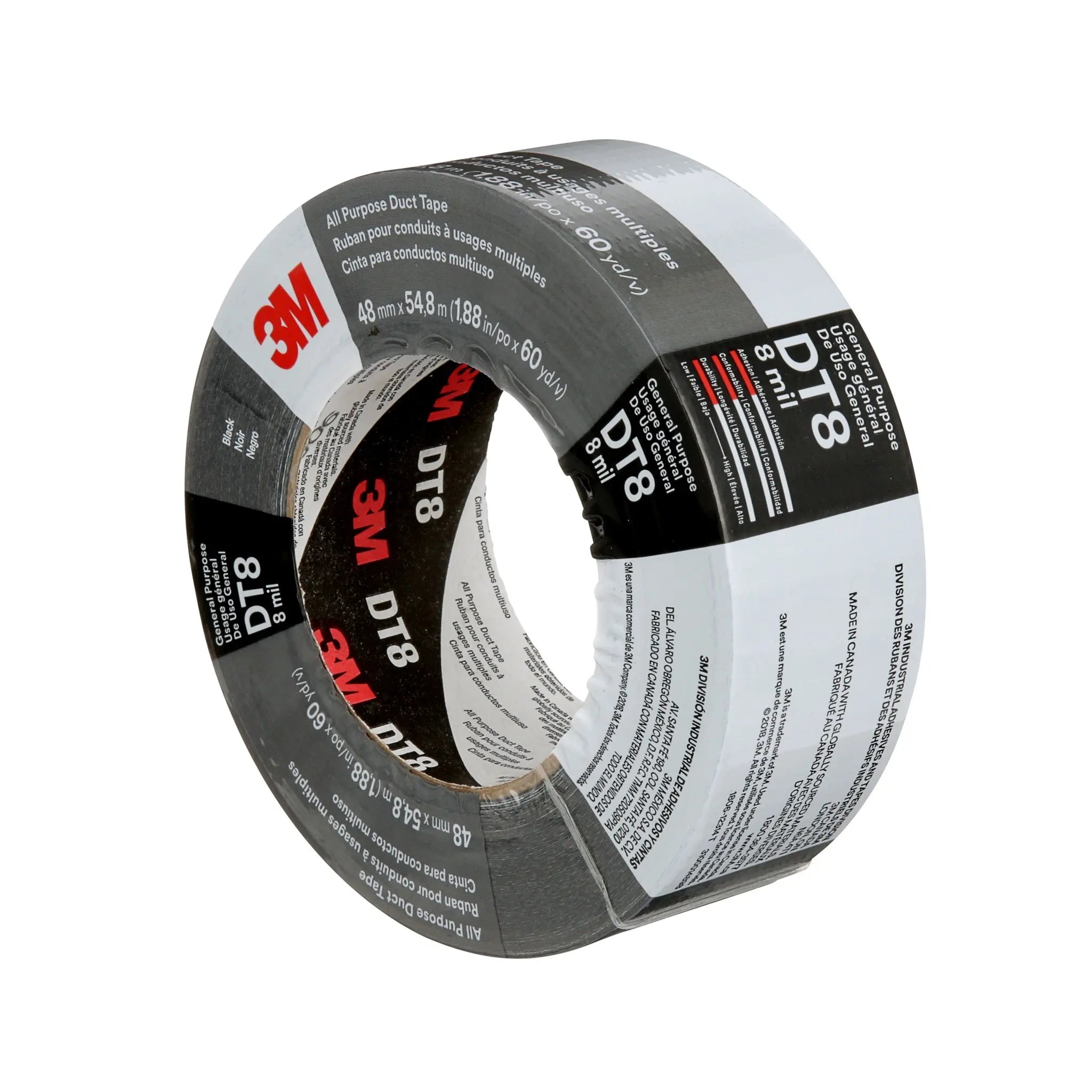 3M All Purpose Duct Tape DT8 Black 48 mm x 54.8 m 8 mil, 1 Roll 