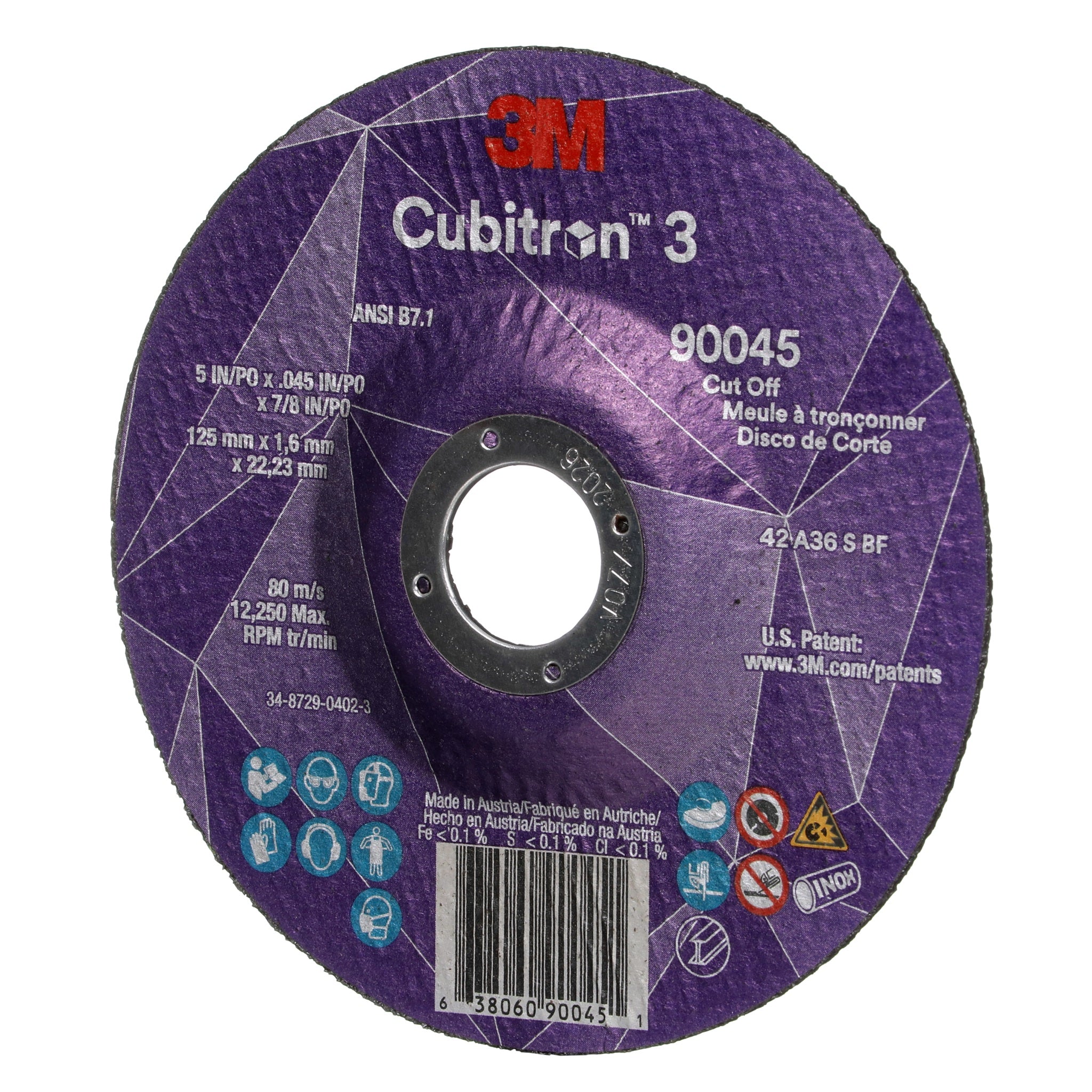 3M Cubitron 3 7100304010/90045 Cut-Off Wheel, 36+, T27, 5 in x 0.045 in x 7/8 in, 1 Each 