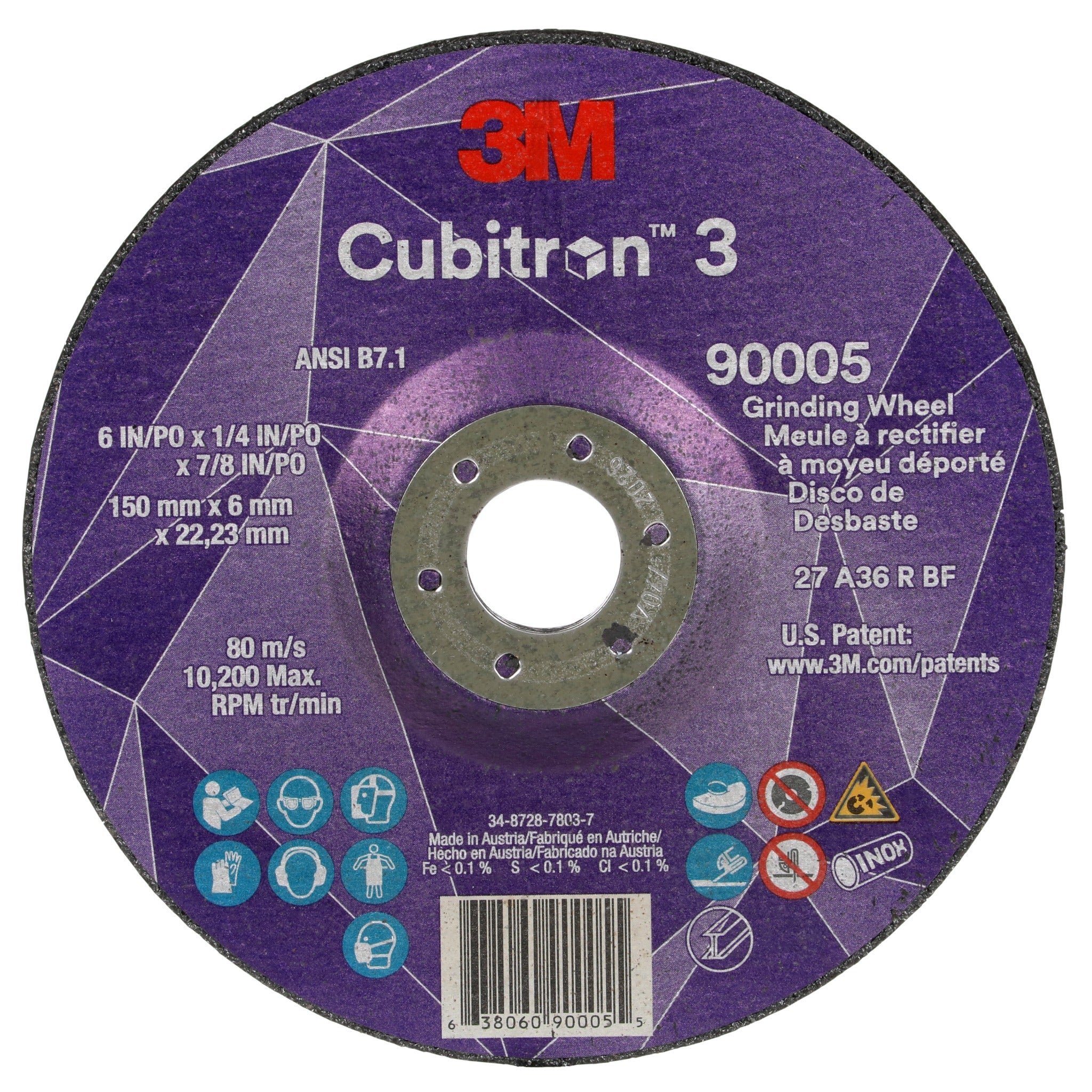 3M Cubitron 3 7100313193 Depressed Center Grinding Wheel, 90005, 36+, T27, 6 in x 1/4 in x 7/8 in, ANSI , Front View, Main Image