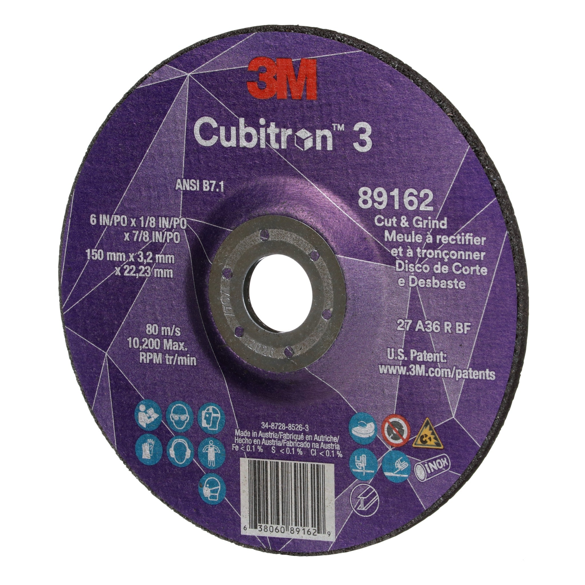 3M Cubitron 3 7100313586 Cut and Grind Wheel, 89162, 36+, T27, 6 in x 1/8 in x 7/8 in, ANSI, right side view