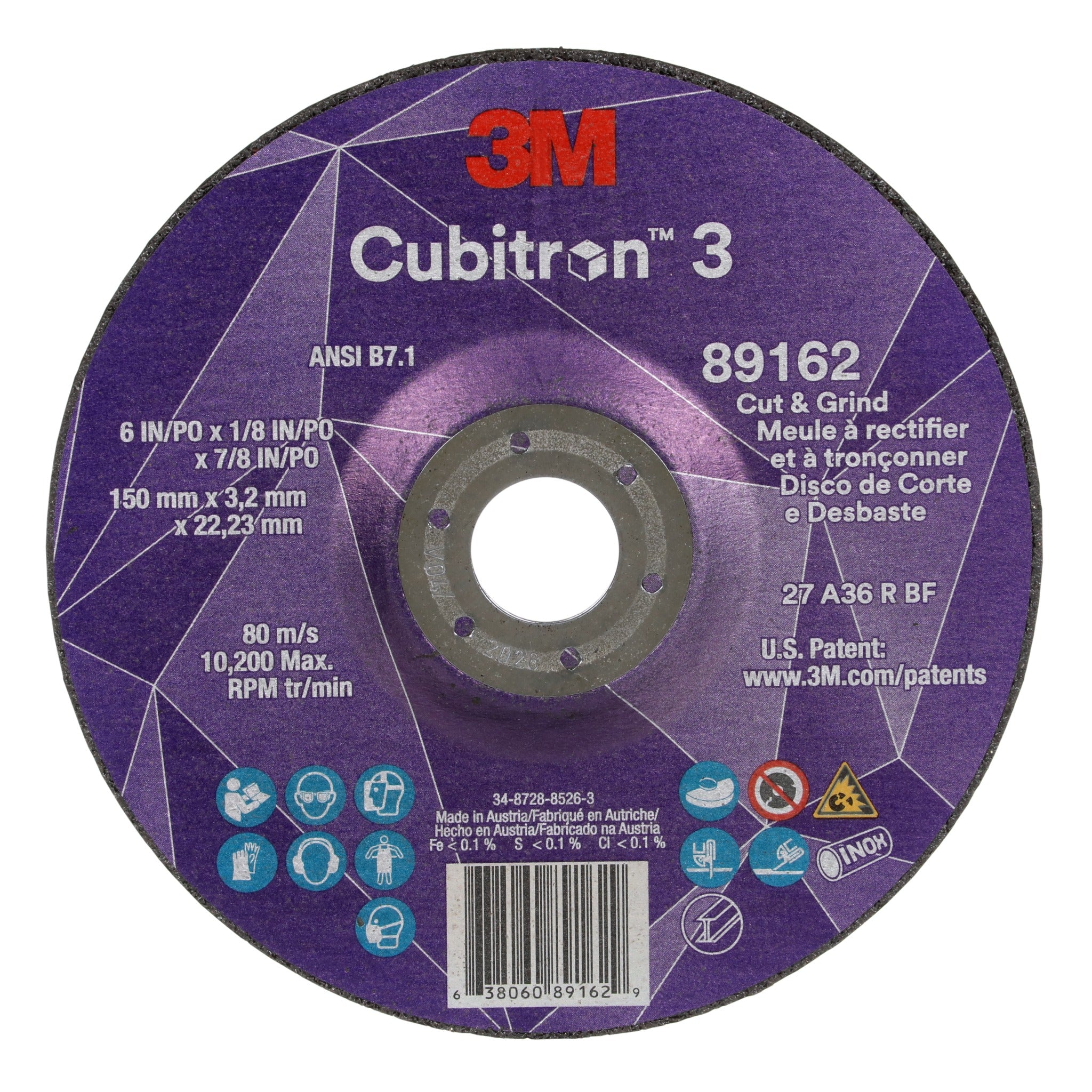 3M Cubitron 3 7100313586 Cut and Grind Wheel, 89162, 36+, T27, 6 in x 1/8 in x 7/8 in, ANSI, Front View, Main Image