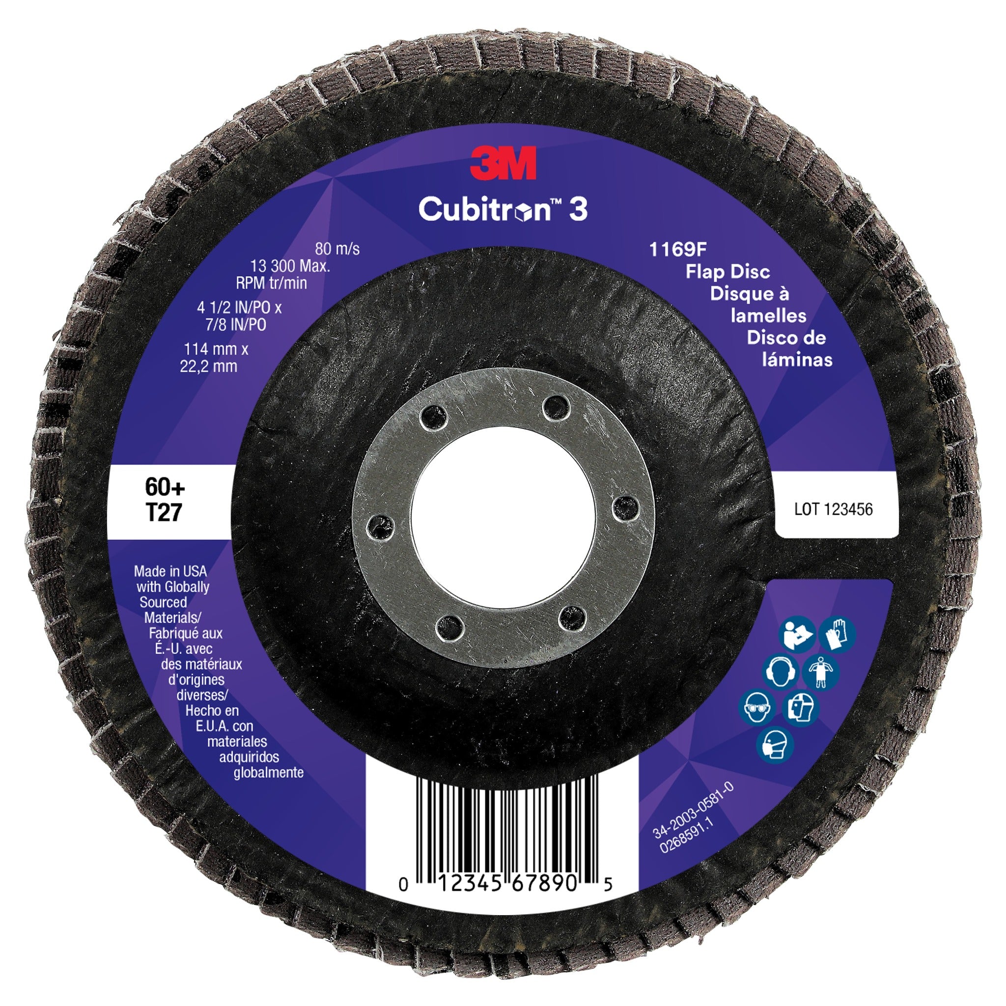 3M Cubitron 3 7100380348 Flap Disc 1169F, 60+, T27-Flat, 4-1/2 in x 7/8 in, Front View
