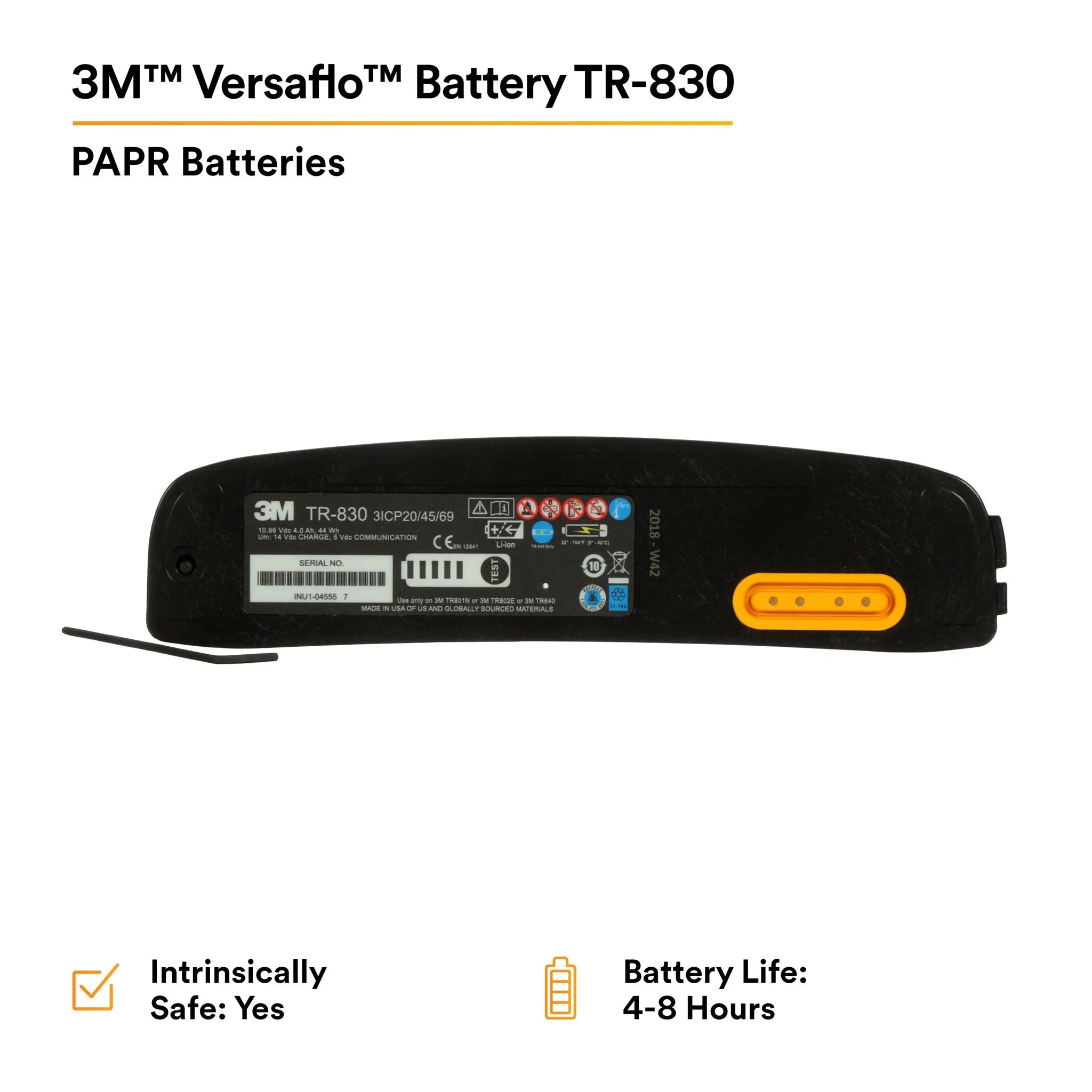 3M Versaflo TR-830 Battery, Intrinsically Safe for TR-800 PAPR, 1 Each