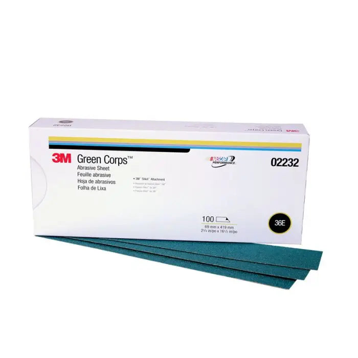 3M™ Green Corps™ Stikit™ Production™ Sheet, 02232, 2 3/4 in x 16 1/2 in, 36 grade, 100 sheets per carton, 5 cartons per case
