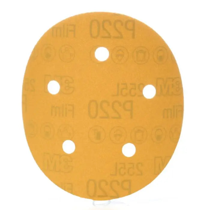3M™ Hookit™ Gold Film Disc 255L, 5 in x NH, 5 Hole, P220, D/F, Die 500FH, 100 discs per box 4 boxes per case