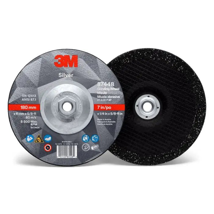 3M™ Silver Depressed Center Grinding Wheel, 87448, T27 Quick Change, 7 in x 1/4 in x 5/8-11 in, 10 per inner, 20 per case