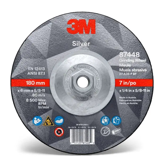 3M™ Silver Depressed Center Grinding Wheel, 87451, T27, 7 in x 1/4 in x 7/8 in, 10 per inner, 20 per case