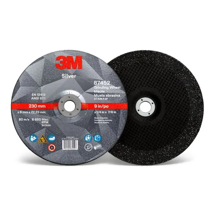 3M™ Silver Depressed Center Grinding Wheel, 87452, T27, 9 in x 1/4 in x 7/8 in, 10 per inner, 20 per case
