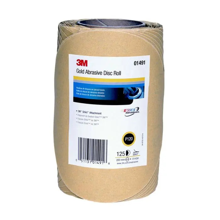 3M™ Stikit™ Gold Disc Roll, 01491, 8 in, P120, 125 discs per roll, 4 rolls per case