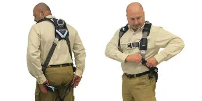 A worker is shown in two images: one from the rear adjusting the sub-pelvic strap below the buttocks, and one from the front adjusting the strap in the groin area. This adjustment ensures proper positioning of the harness in the event of a fall and prevents injury.