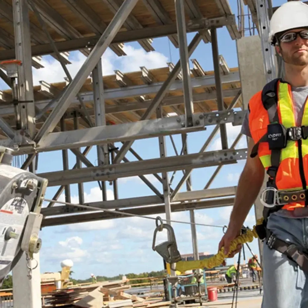 Worker attached to 3M horizontal lifeline system