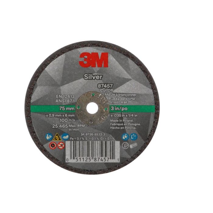 3M 87457 Silver Cut-Off Wheel, T1 Wheel Type, 3 Inch Diameter, Case Of 50