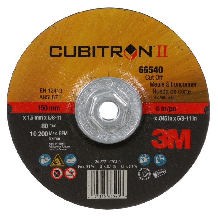 3M Cubitron II Cut-Off Wheel, 66540, T27 Quick Change, 6 in x .045 in x 5/8 in-11 in, Case of 50