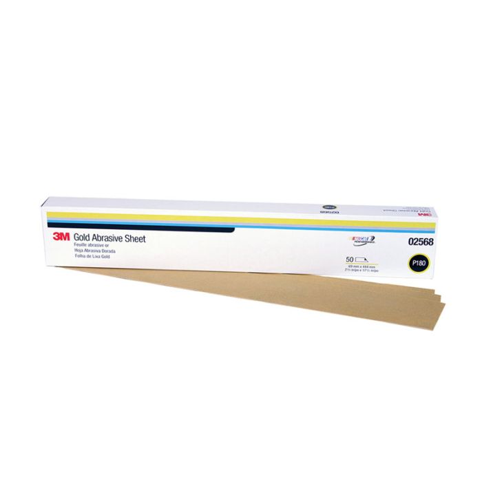 3M™ Gold Abrasive Sheet, 02568, P180 grade, 2 3/4 in x 17 1/2 in, 50 sheets per sleeve, 5 sleeves per case