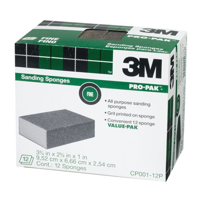 3M CP-002A Full Size Sanding Sponge, 3.75 in x 2.625 in x 1 in, Medium Grade, Case of 250