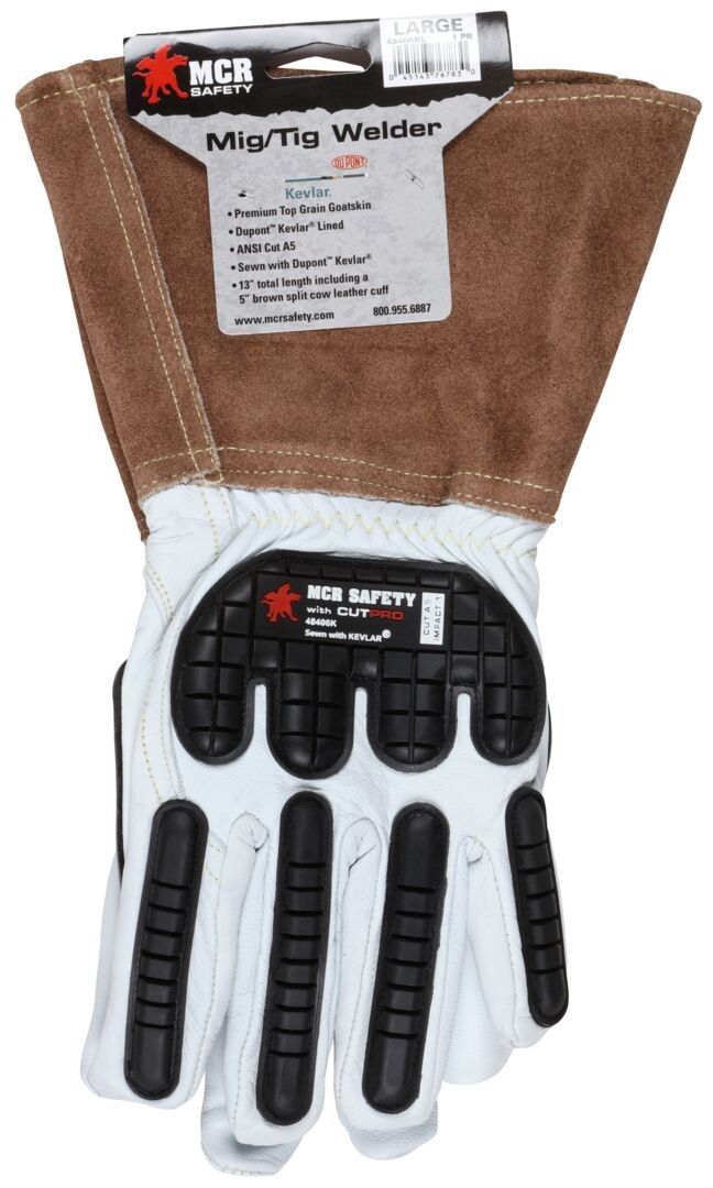 MCR Safety 48406K Premium Grain Goatskin Leather, 5 Inch Split Cowskin Cuff Welding Work Gloves, White, Box of 12 Pairs