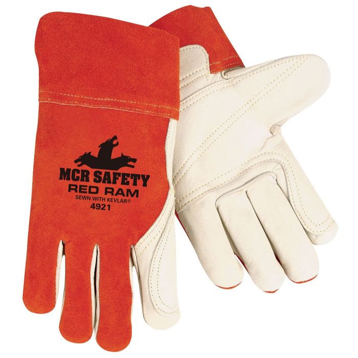 MCR Safety Red Ram 4921 Fleece Lined Palm, Grain Leather Double Palm Welding Work Gloves, Beige, Box of 12 Pairs