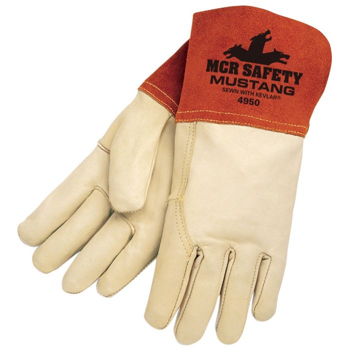 MCR Safety Mustang 4950 Premium Top Grain Cowskin Leather, Wing Thumb Welding Work Gloves, Beige, Box of 12 Pairs