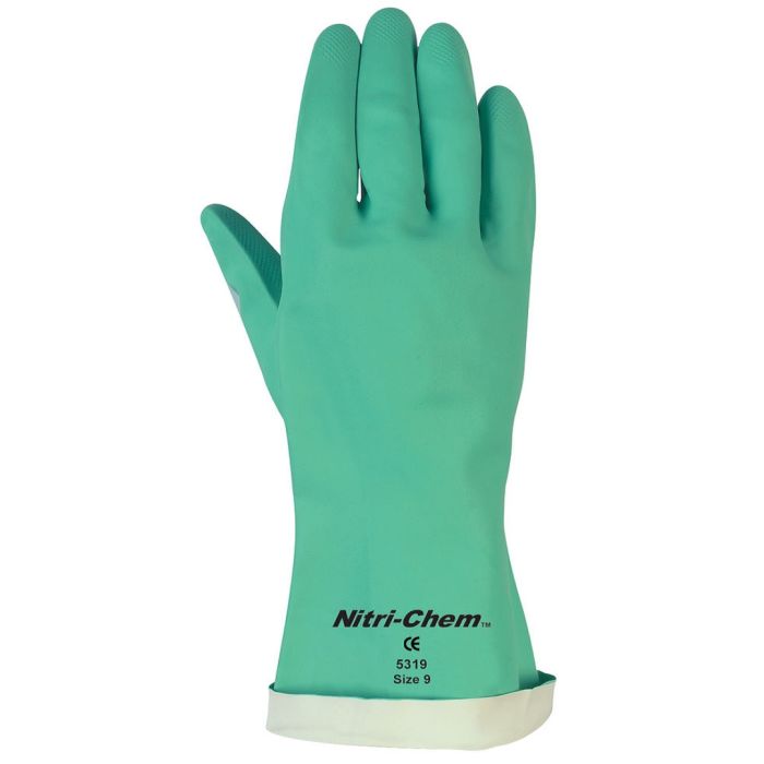 MCR Safety Nitri-Chem 5319 13 Inches Industrial Grade Flock Lined Nitrile Gloves, Green, Large, Box of 12 Pairs