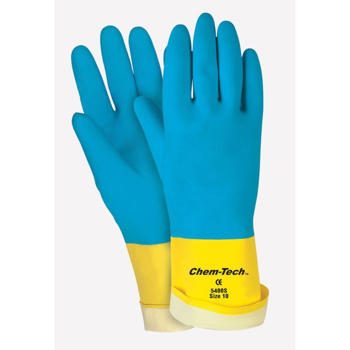 MCR Safety Chem-Tech 5400S 12 Inch Double Dipped Flock Lined Neoprene Over Latex Gloves, Blue, X-Large, Box of 12 Pairs