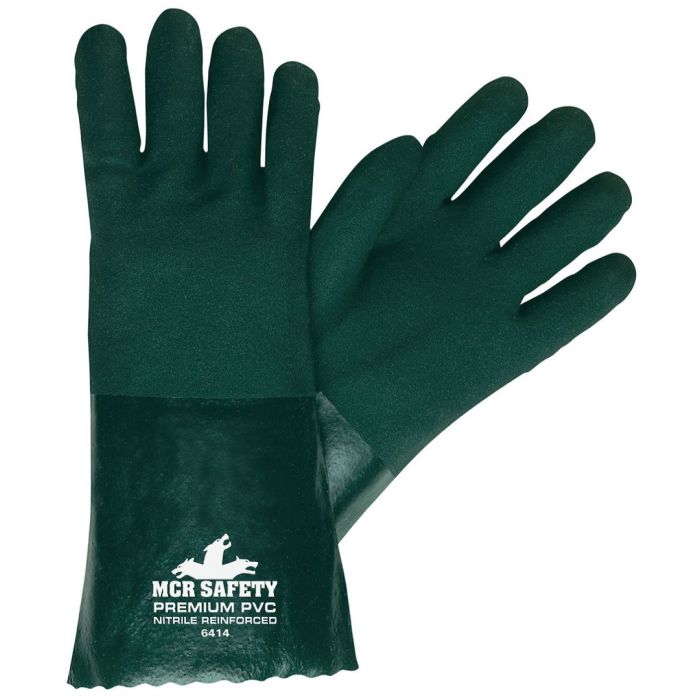 MCR Safety 6414 Premium Double Dipped PVC Coated Work Gloves, Green, Large, Box of 12 Pairs