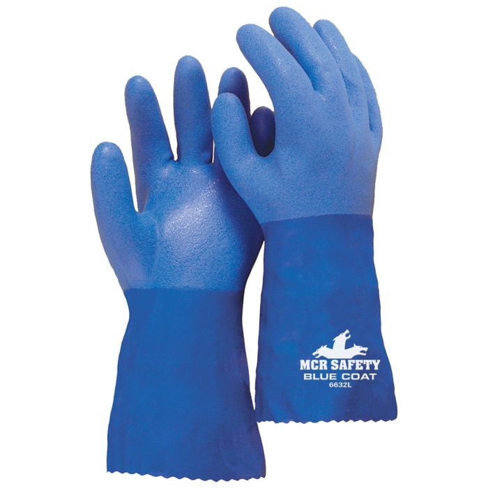MCR Safety Blue Coat Series 6632 12 Inch Triple Dipped Seamless Knit Lining Flexible PVC Coated Work Gloves, Blue, Box of 12 Pairs