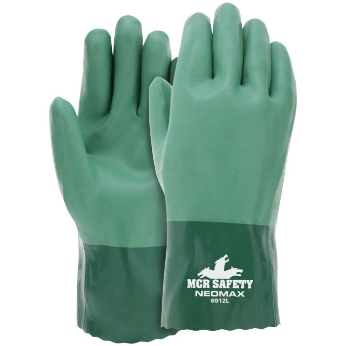 MCR Safety NeoMax Series 6912 Double Dipped Sandy Texture Fully Coated Brushed, 12 Inch Neoprene Coated Work Gloves, Green, Box of 12 Pairs
