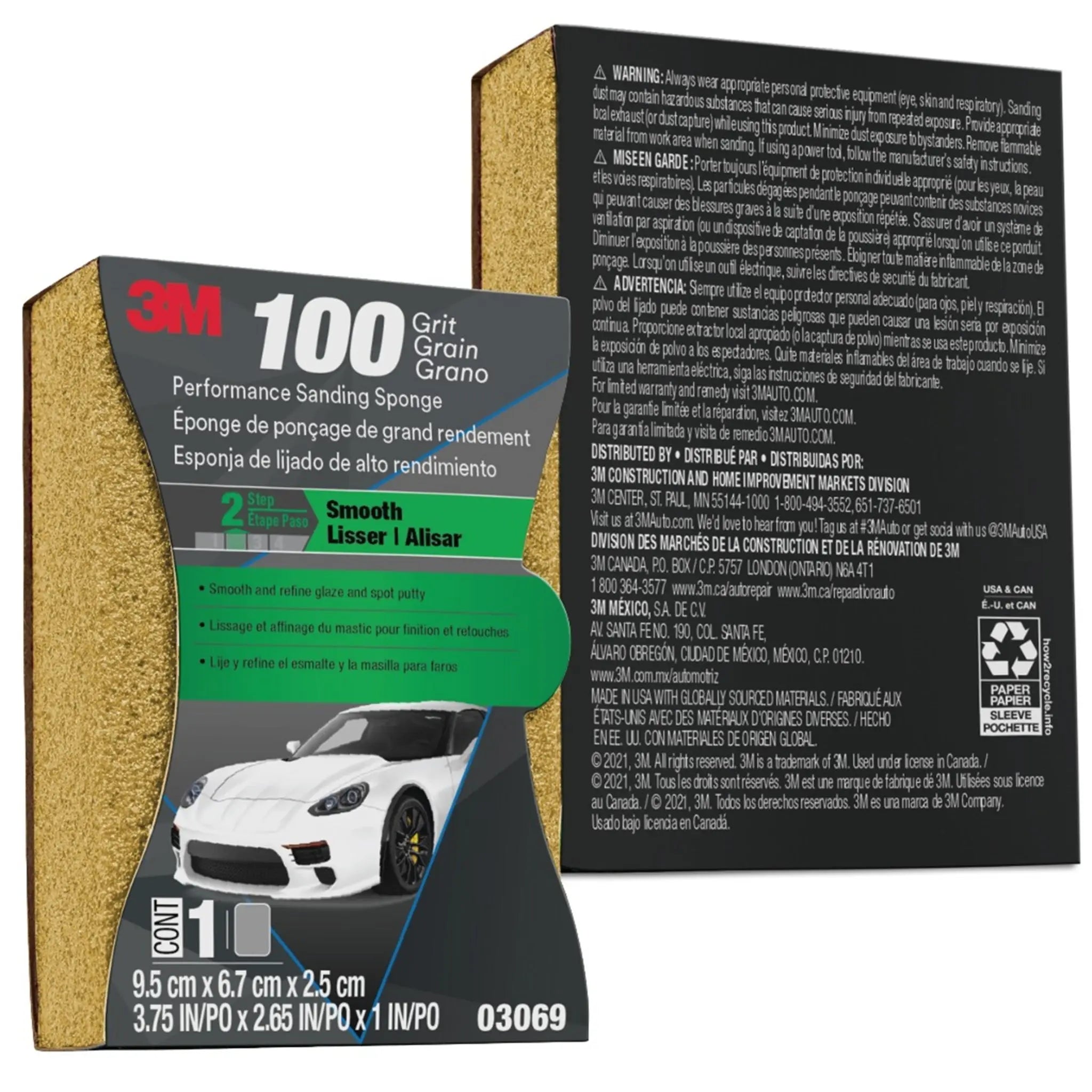 3M 03069 Performance Sanding Sponge 100 Grit 1x2-5/8 in