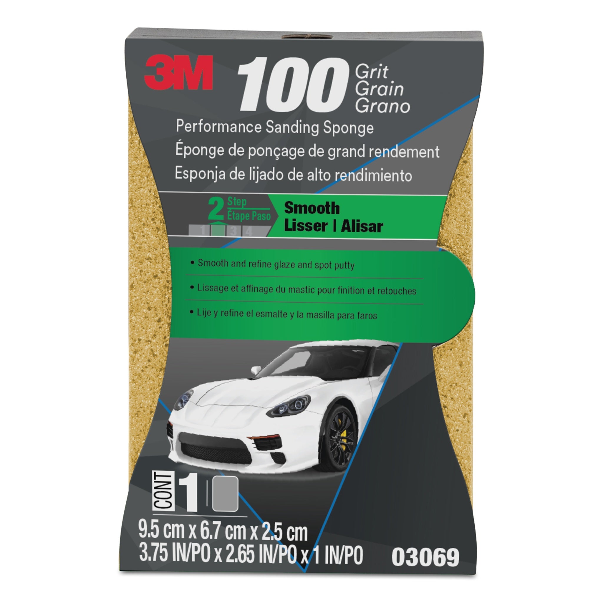 3M 7010328055/03069 Performance Sanding Sponge, 1 inch x 2-5/8 inch, 100 Grit, Center