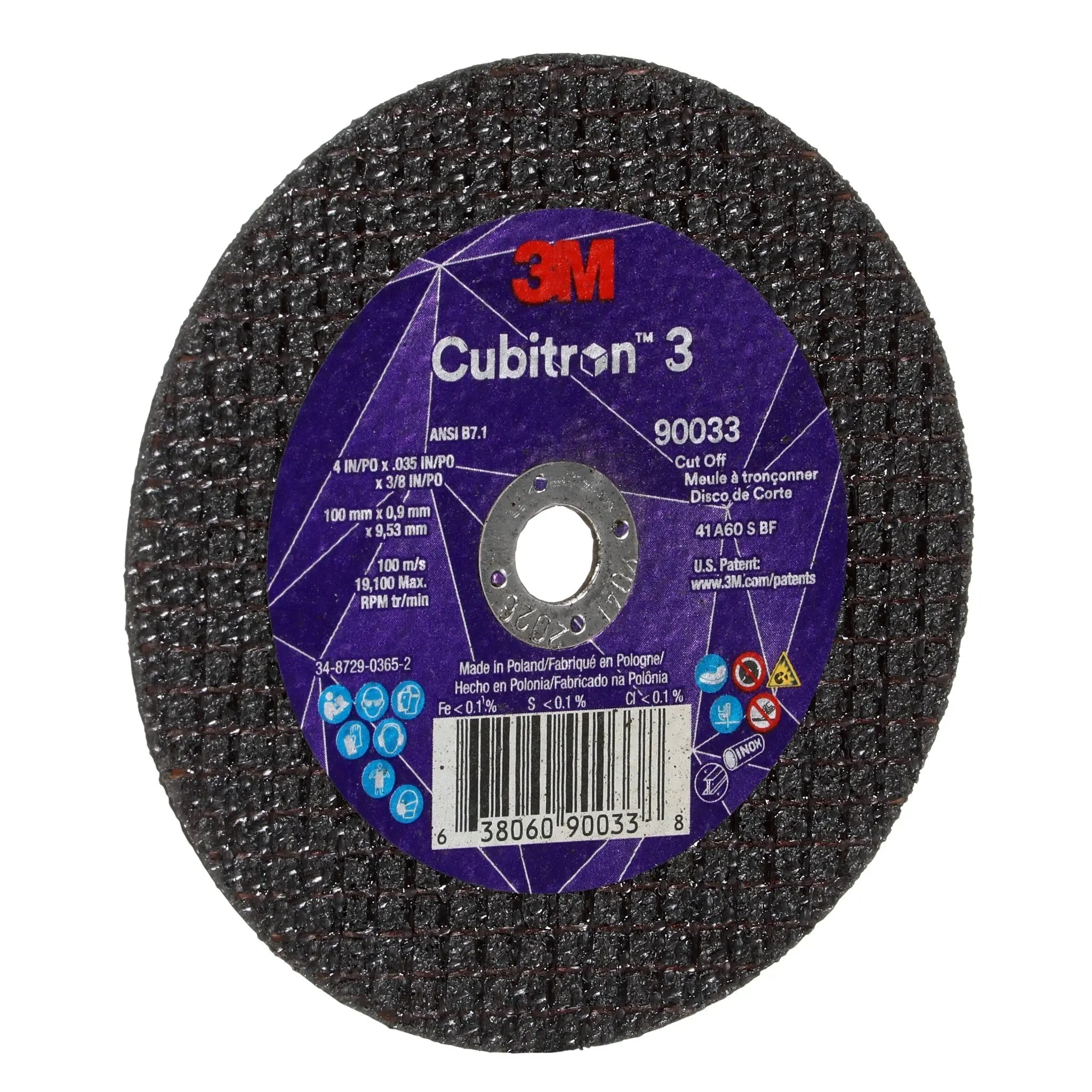 3M Cubitron 3 7100303857/90033 Cut-Off Wheel, 60+, T1, 4 in x 0.035 in x 3/8 in 
