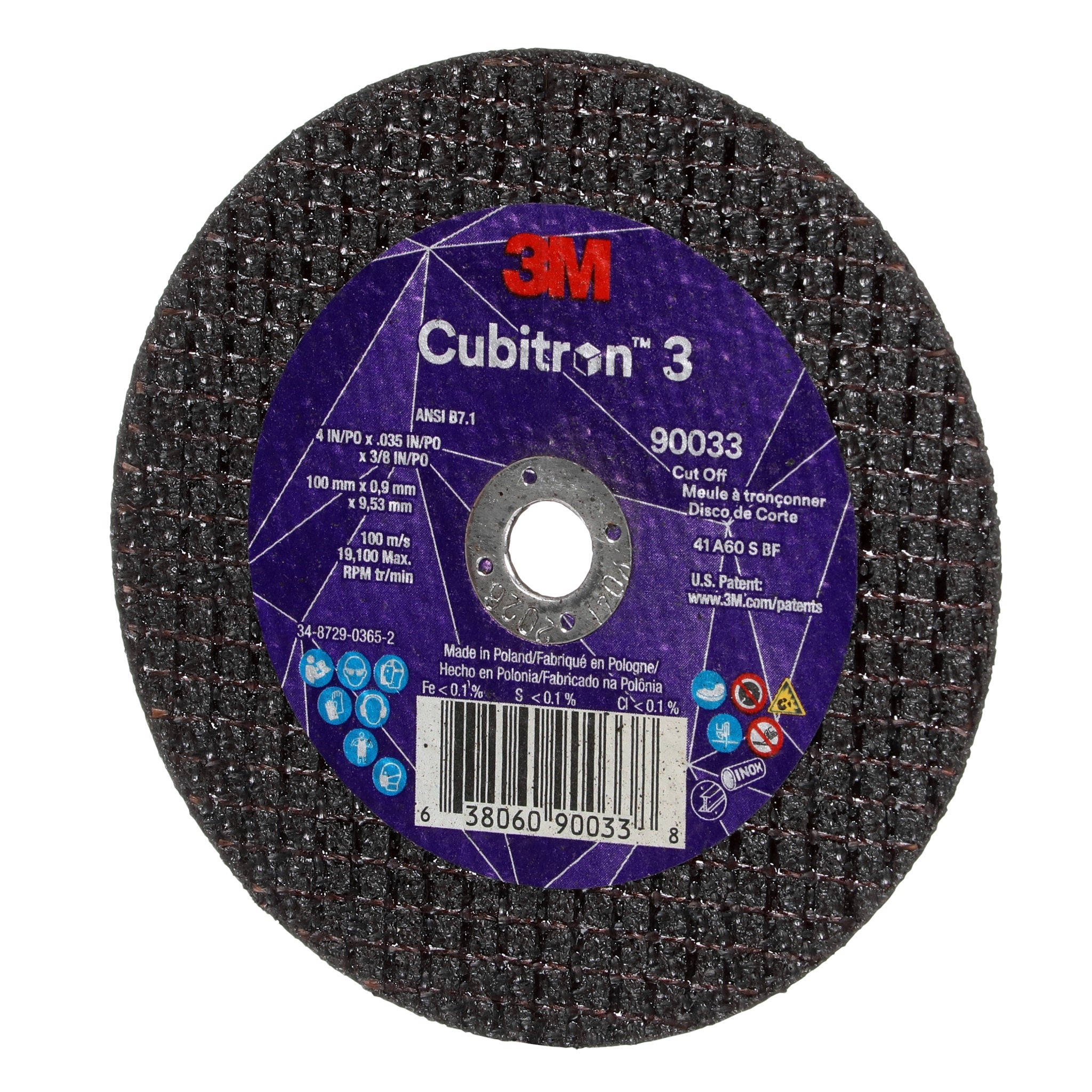 3M Cubitron 3 7100303857/90033 Cut-Off Wheel, 60+, T1, 4 in x 0.035 in x 3/8 in