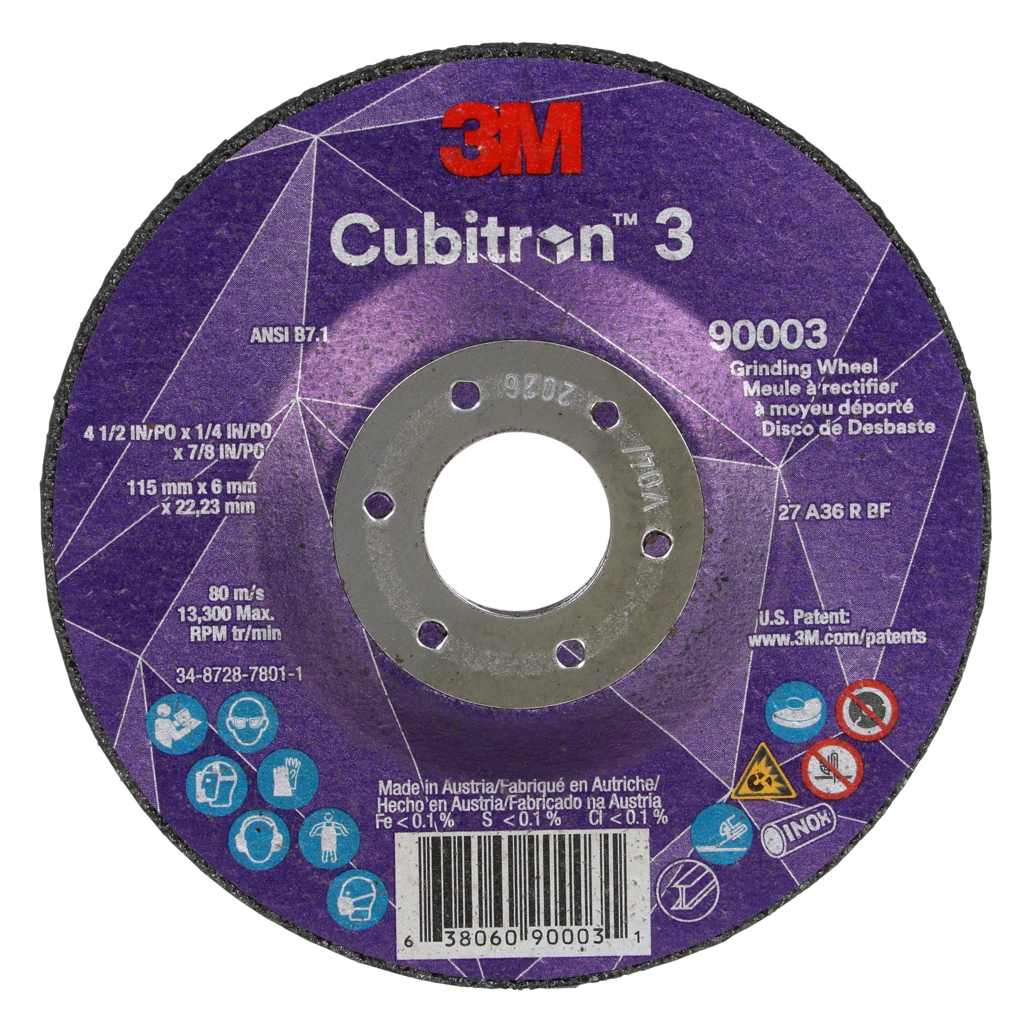 3M Cubitron 3 7100303966/90003 Depressed Center Grinding Wheel, 36+, T27, 4-1/2 in x 1/4 in x 7/8 in, Center