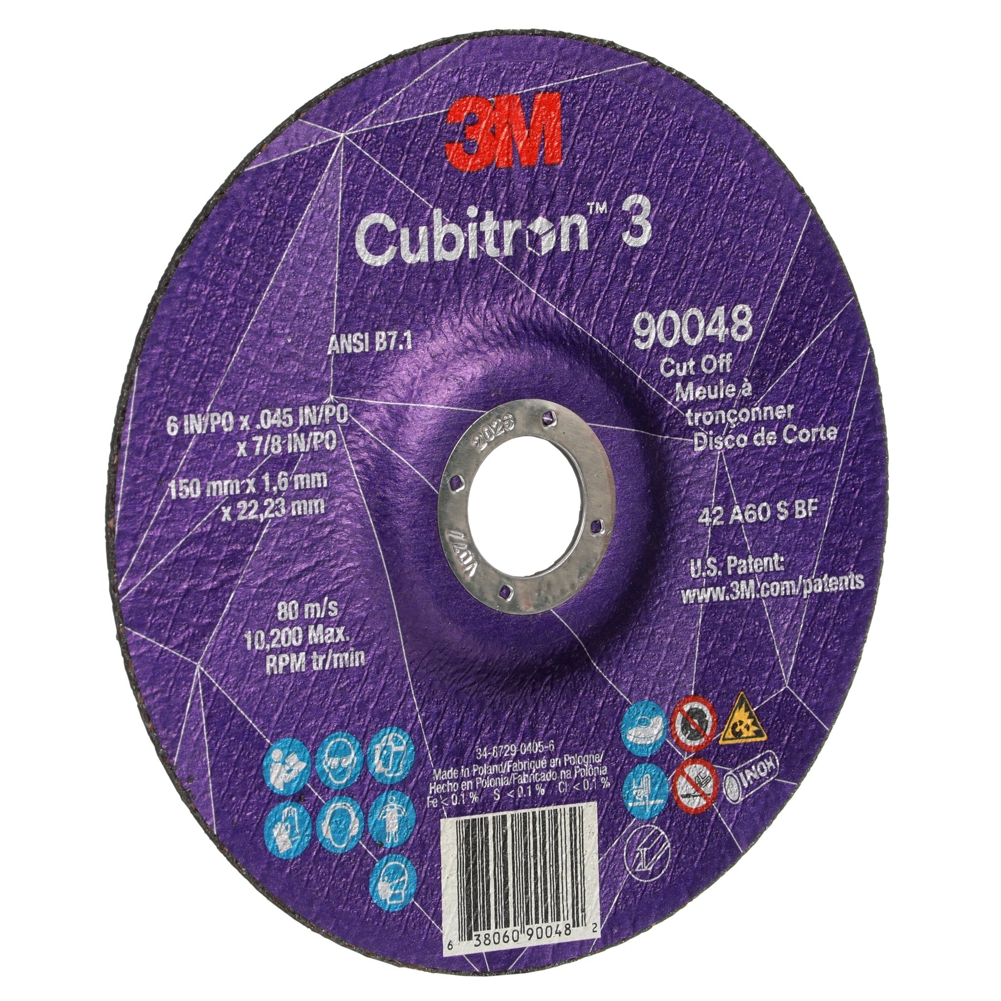 3M Cubitron 3 7100313201/90048 Cut-Off Wheel, 60+, T27, 6 in x 0.045 in x 7/8 in, 1 Each 