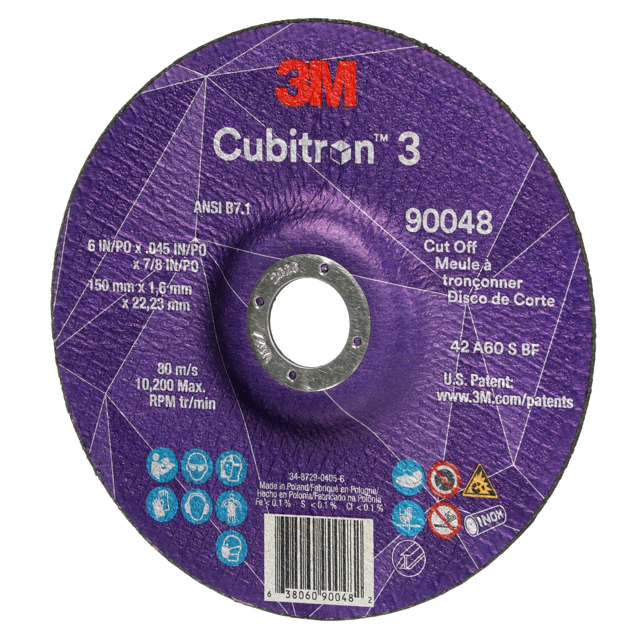 3M Cubitron 3 7100313201/90048 Cut-Off Wheel, 60+, T27, 6 in x 0.045 in x 7/8 in, 1 Each 