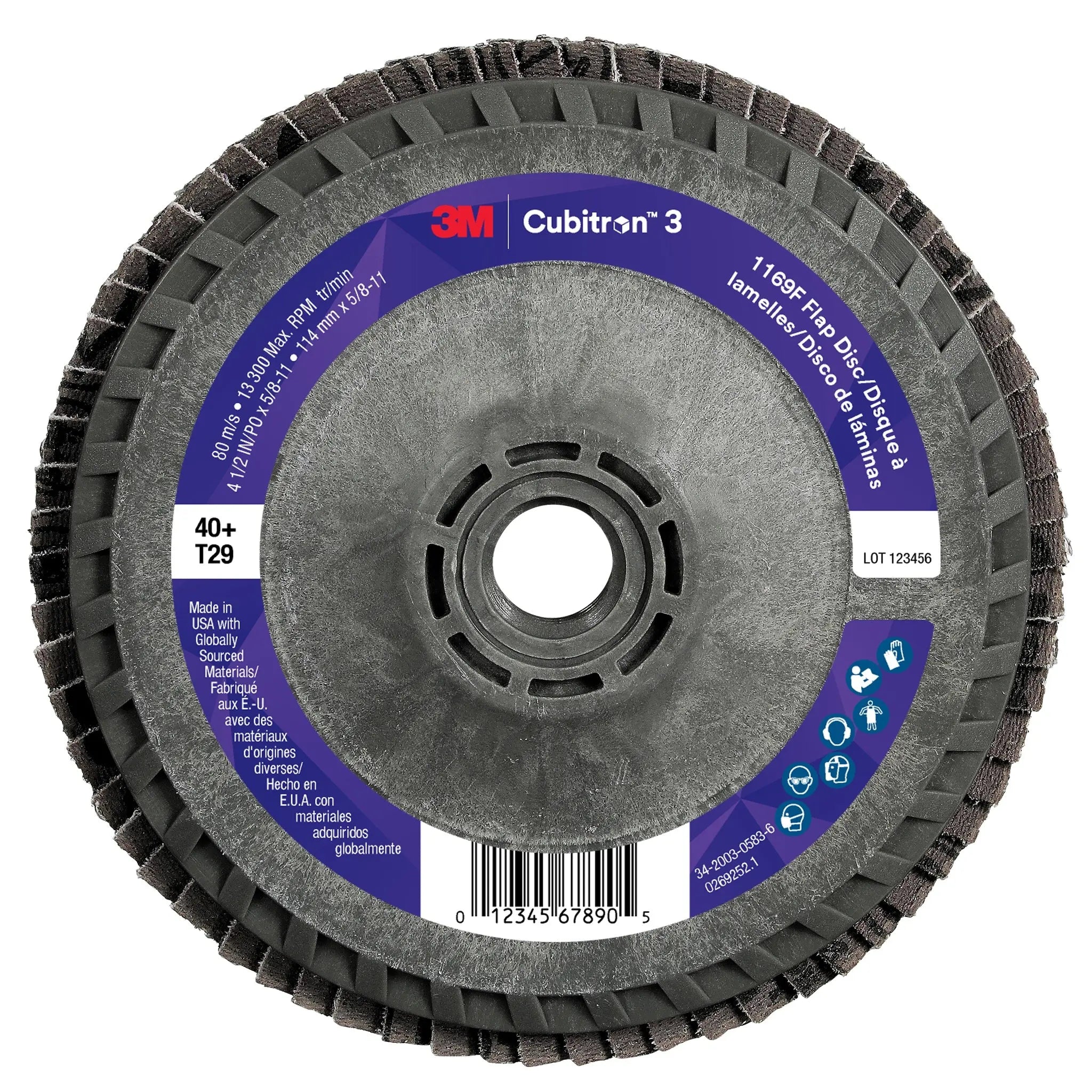 3M Cubitron 3 7100379929/1169F Flap Disc, 40+, T29-Conical Quick Change, 4-1/2 in x 5/8 in-11, Back