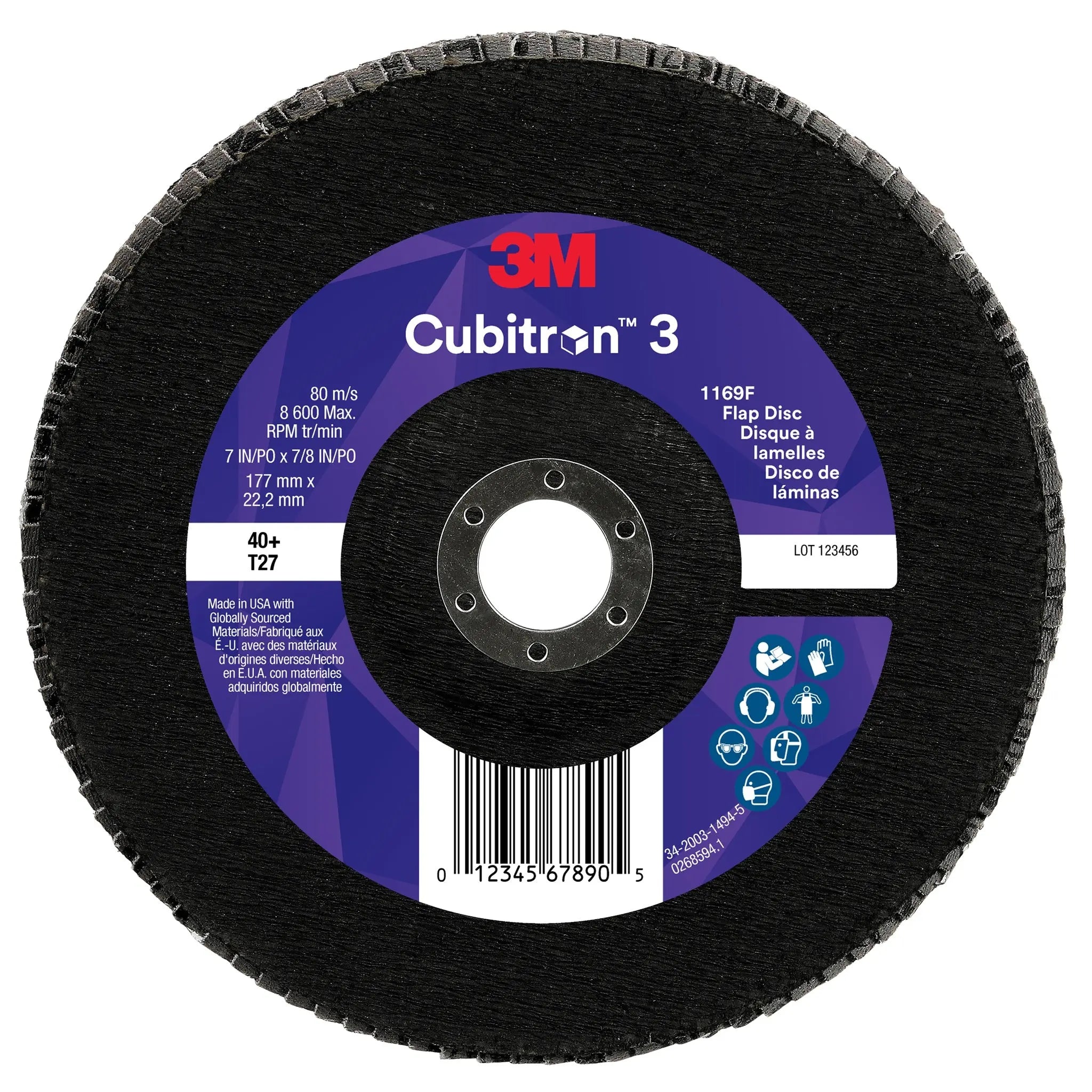 3M Cubitron 3 7100379978/1169F Flap Disc, 40+, T27-Flat, 7 in x 7/8 in, Case of 5 
