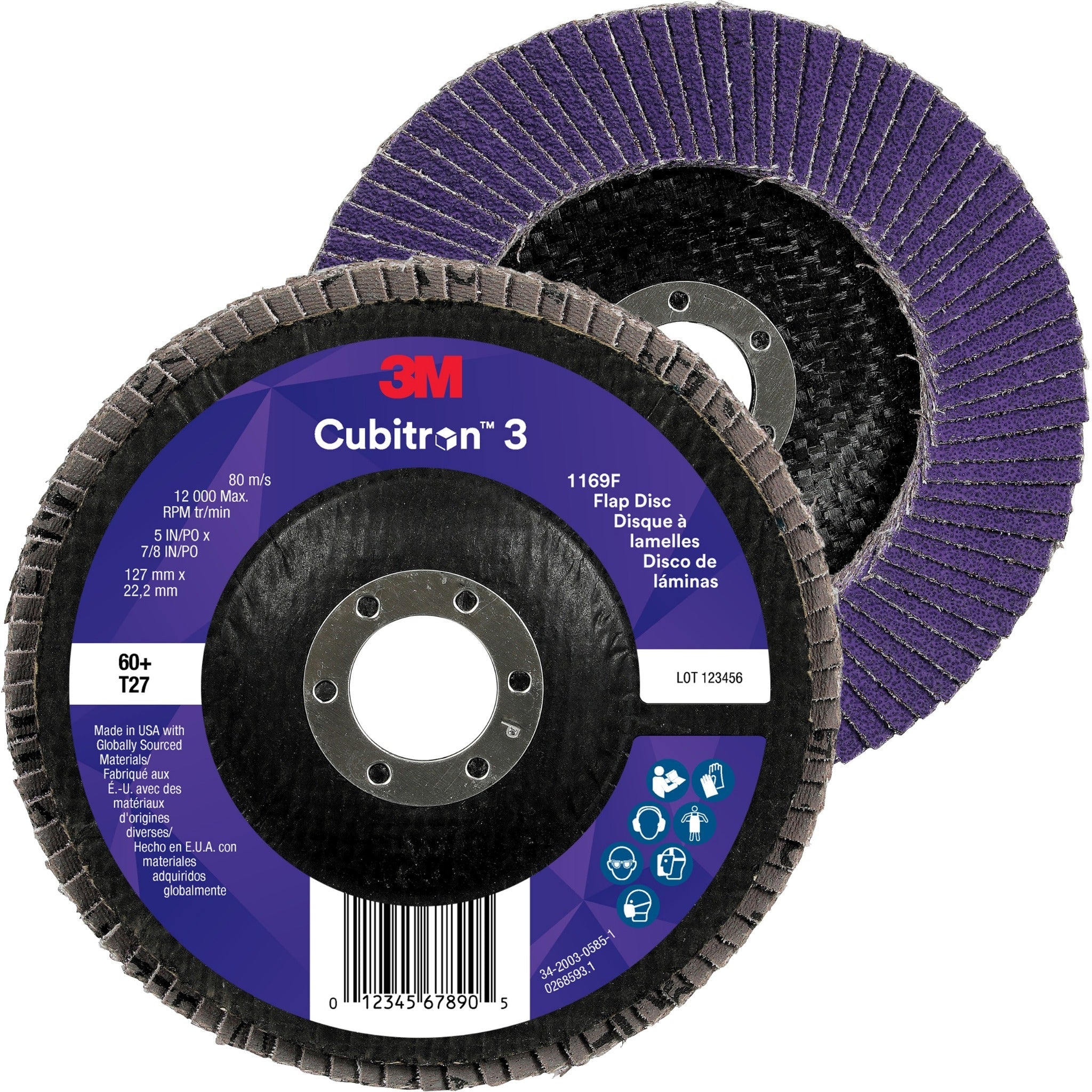 3M Cubitron 3 7100380168/1169F Flap Disc, 60+, T27-Flat, 5 in x 7/8 in, Case of 10 
