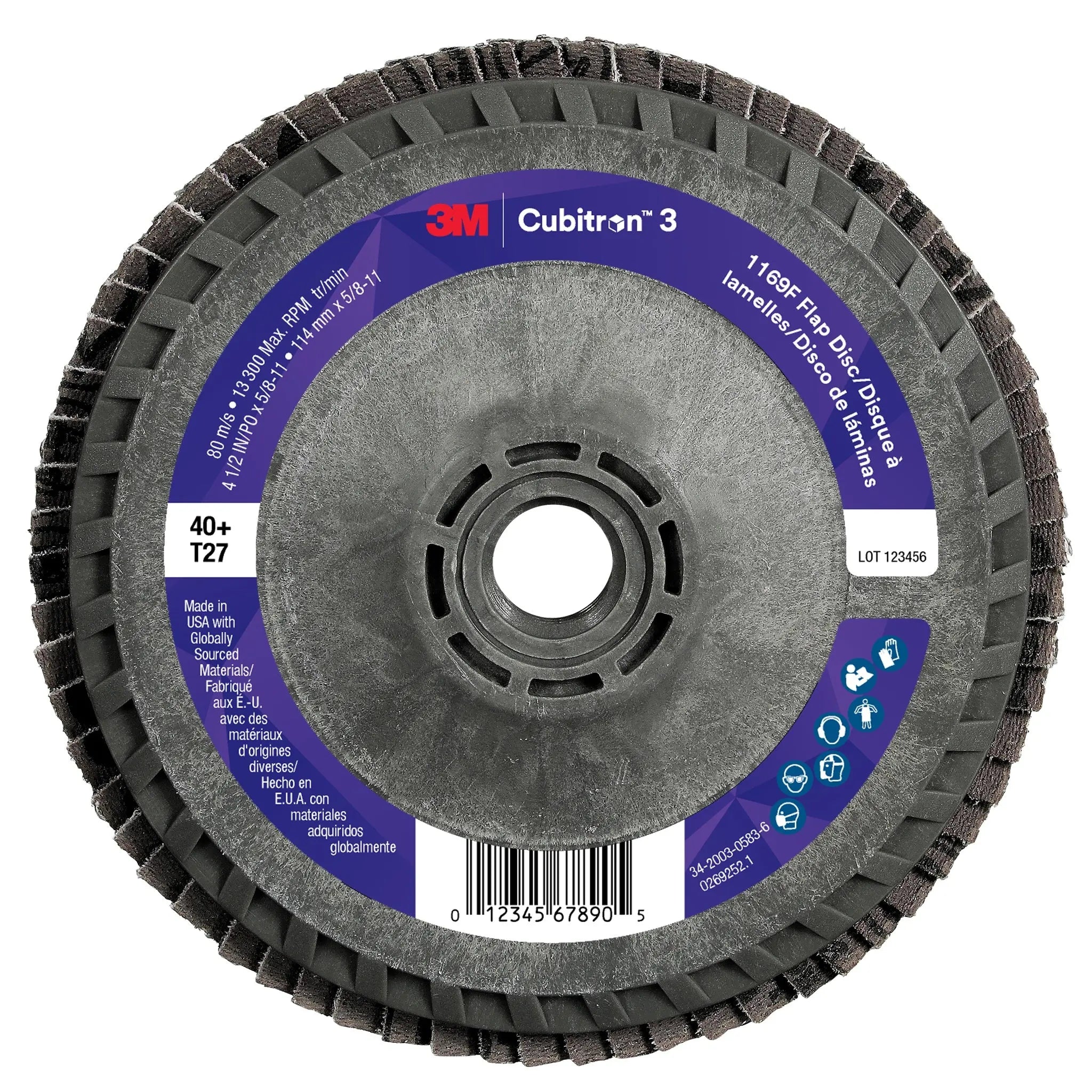 3M Cubitron 3 7100380178/1169F Flap Disc, 40+, T27-Flat Quick Change, 4-1/2 in x 5/8 in-11, Back