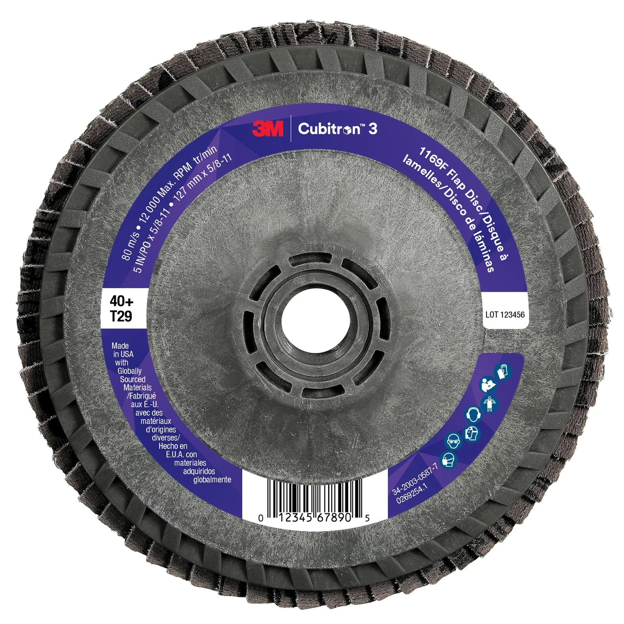 3M Cubitron 3 7100380207/1169F Flap Disc, 40+, T29-Conical Quick Change, 5 in x 5/8 in-11, Back