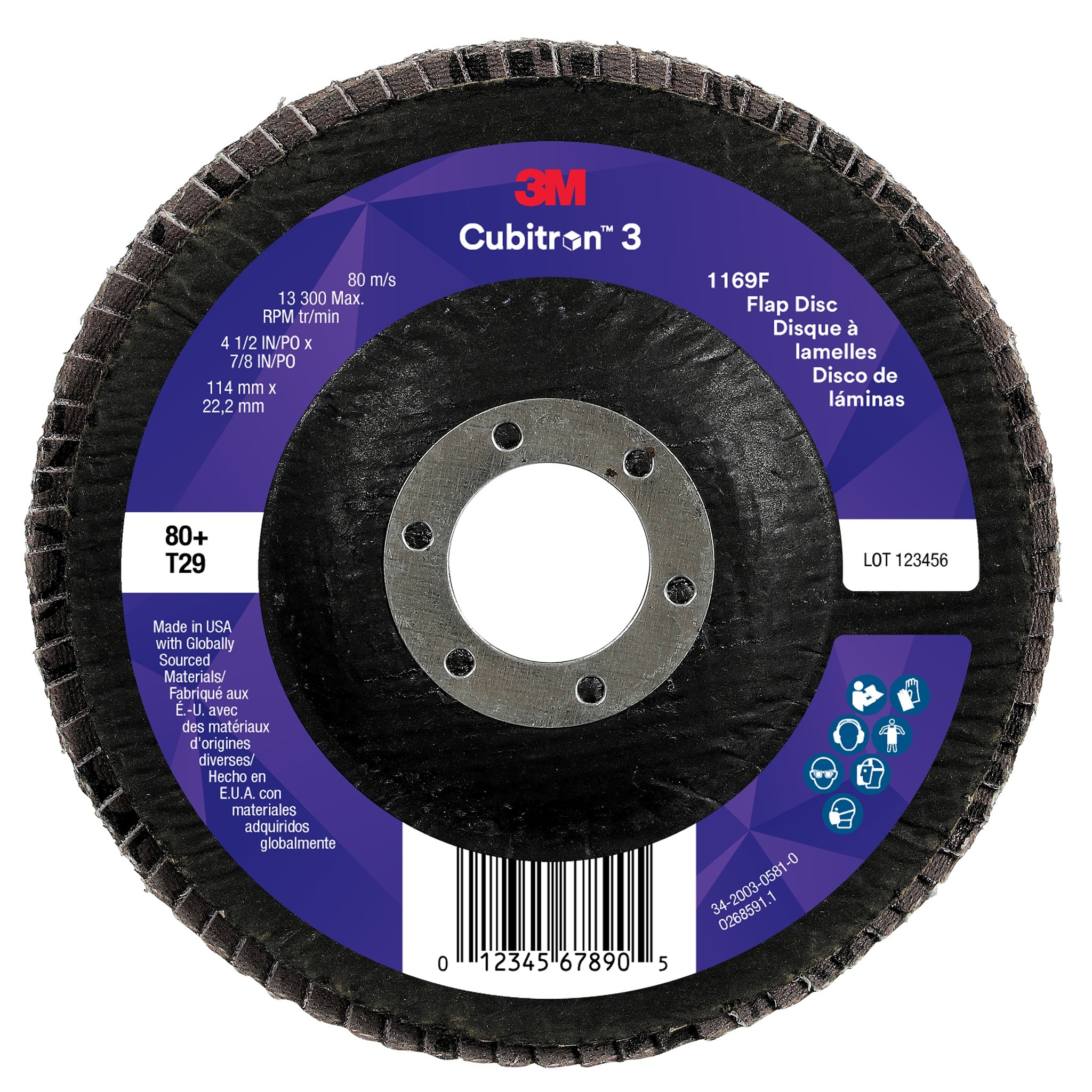 3M Cubitron 3 7100380288/1169F Flap Disc, 80+, T29-Conical, 4-1/2 in x 7/8 in, Case of 10