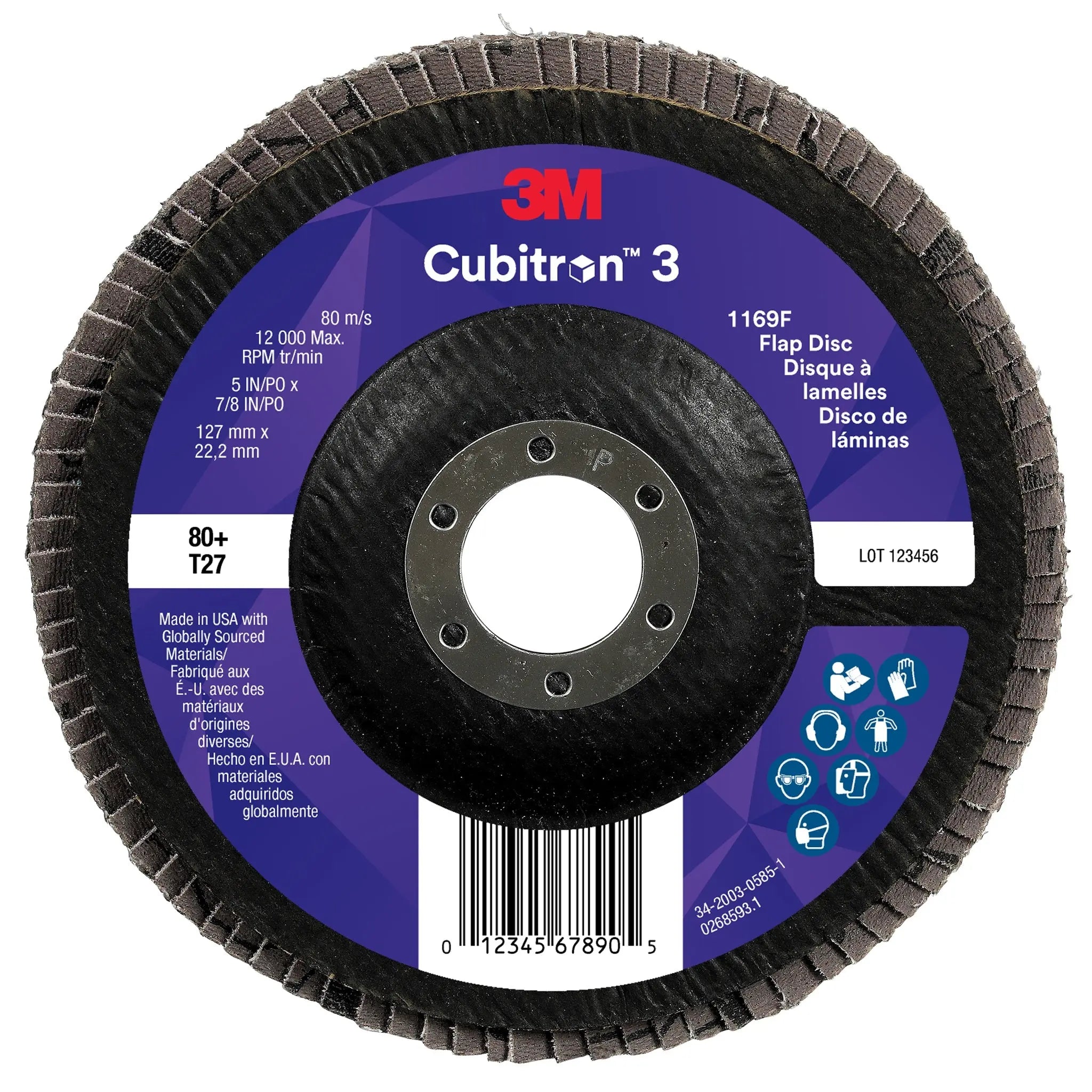 3M Cubitron 3 7100380309/1169F Flap Disc, 80+, T27-Flat, 5 in x 7/8 in, Case of 10 