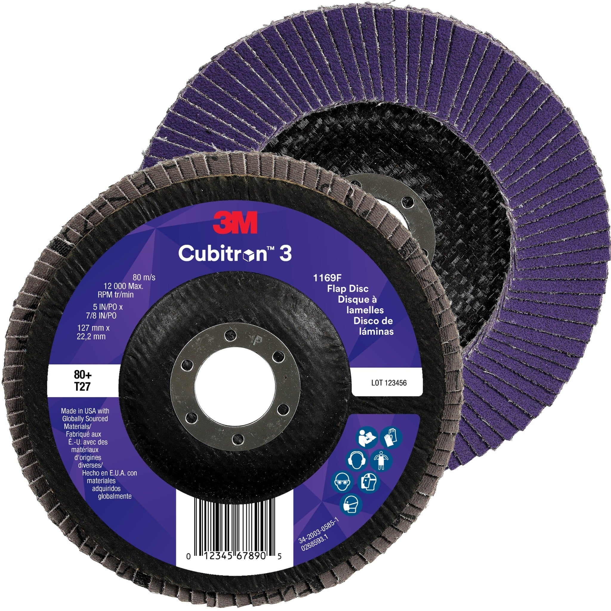 3M Cubitron 3 7100380309/1169F Flap Disc, 80+, T27-Flat, 5 in x 7/8 in, Case of 10 