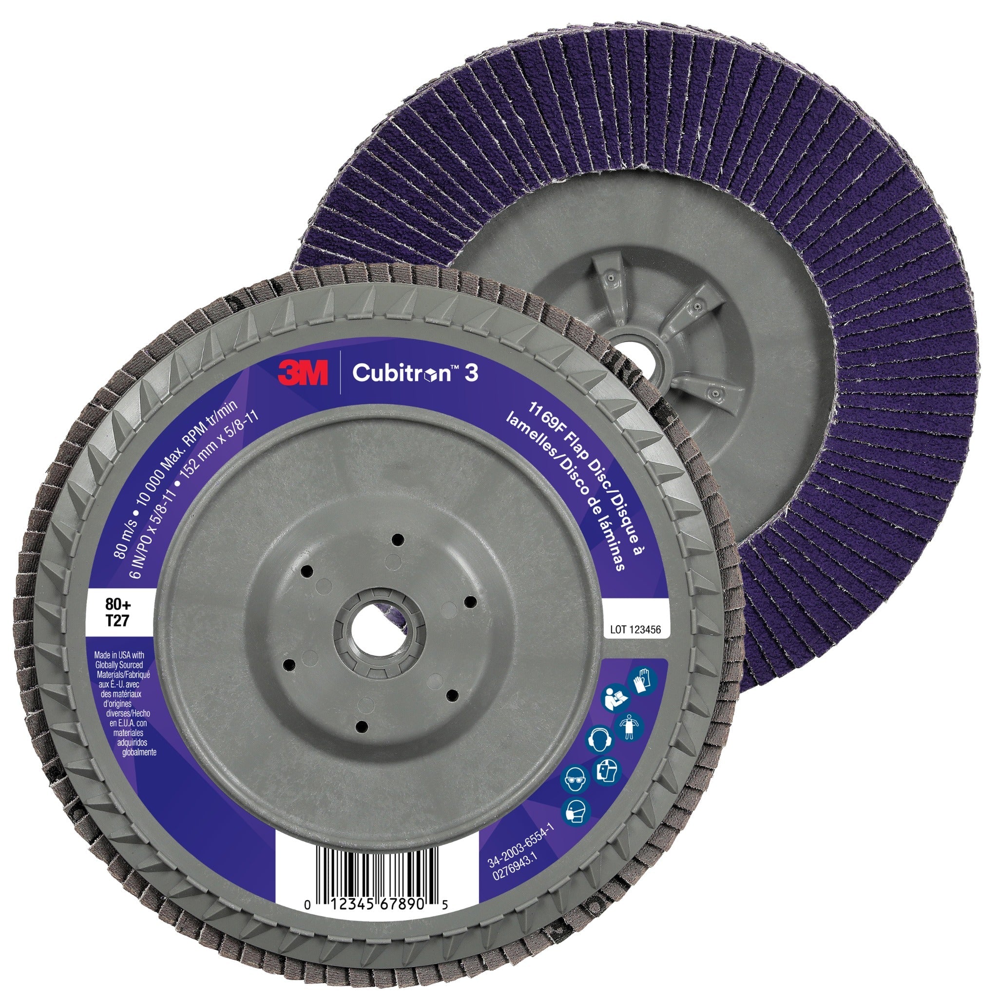 3M Cubitron 3 7100380338/1169F Flap Disc, 80+, T27-Flat Quick Change, 6 in x 5/8 in-11, Case of 5 