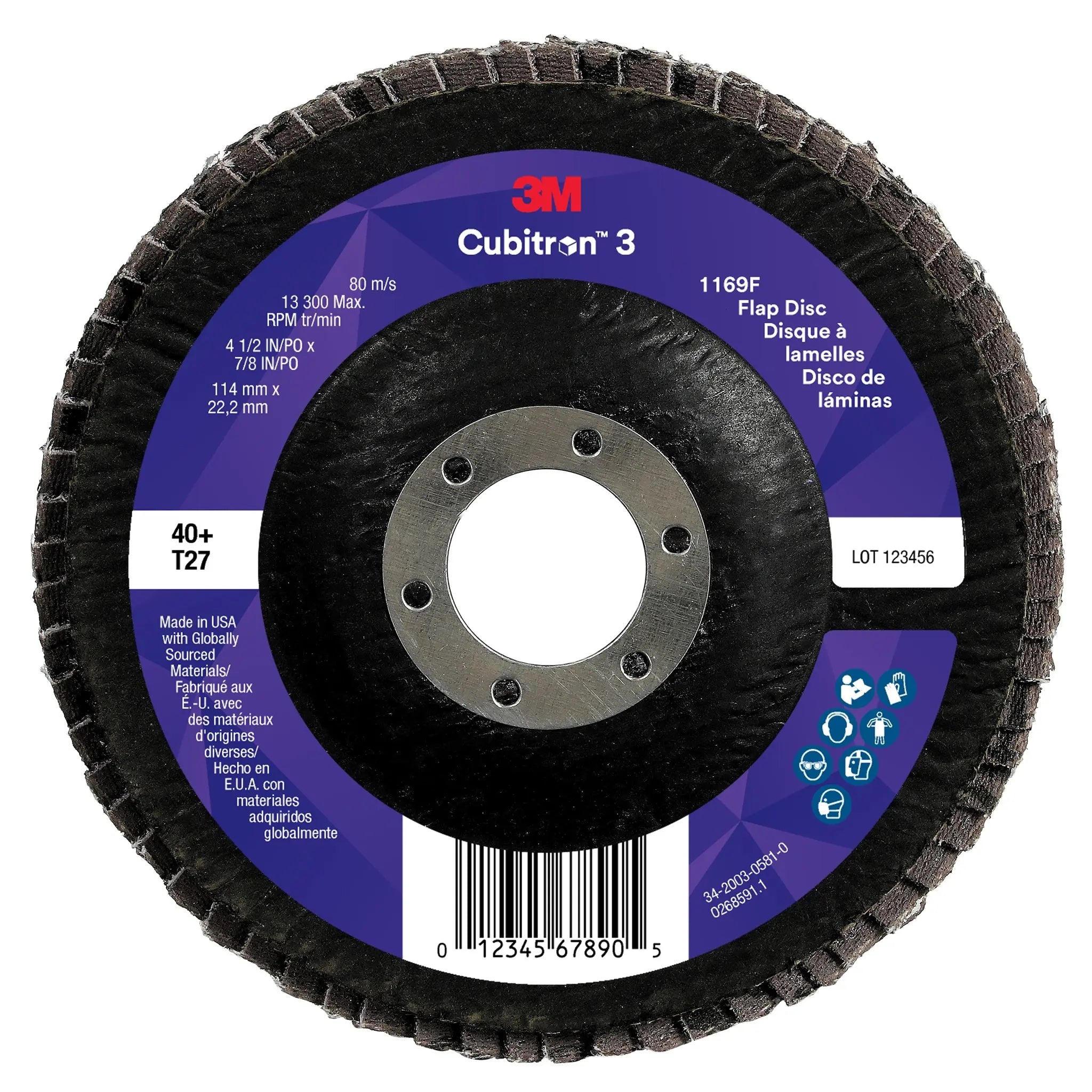 3M Cubitron 3 7100380474/1169F Flap Disc, 40+, T27-Flat, 4-1/2 in x 7/8 in, Case of 10 