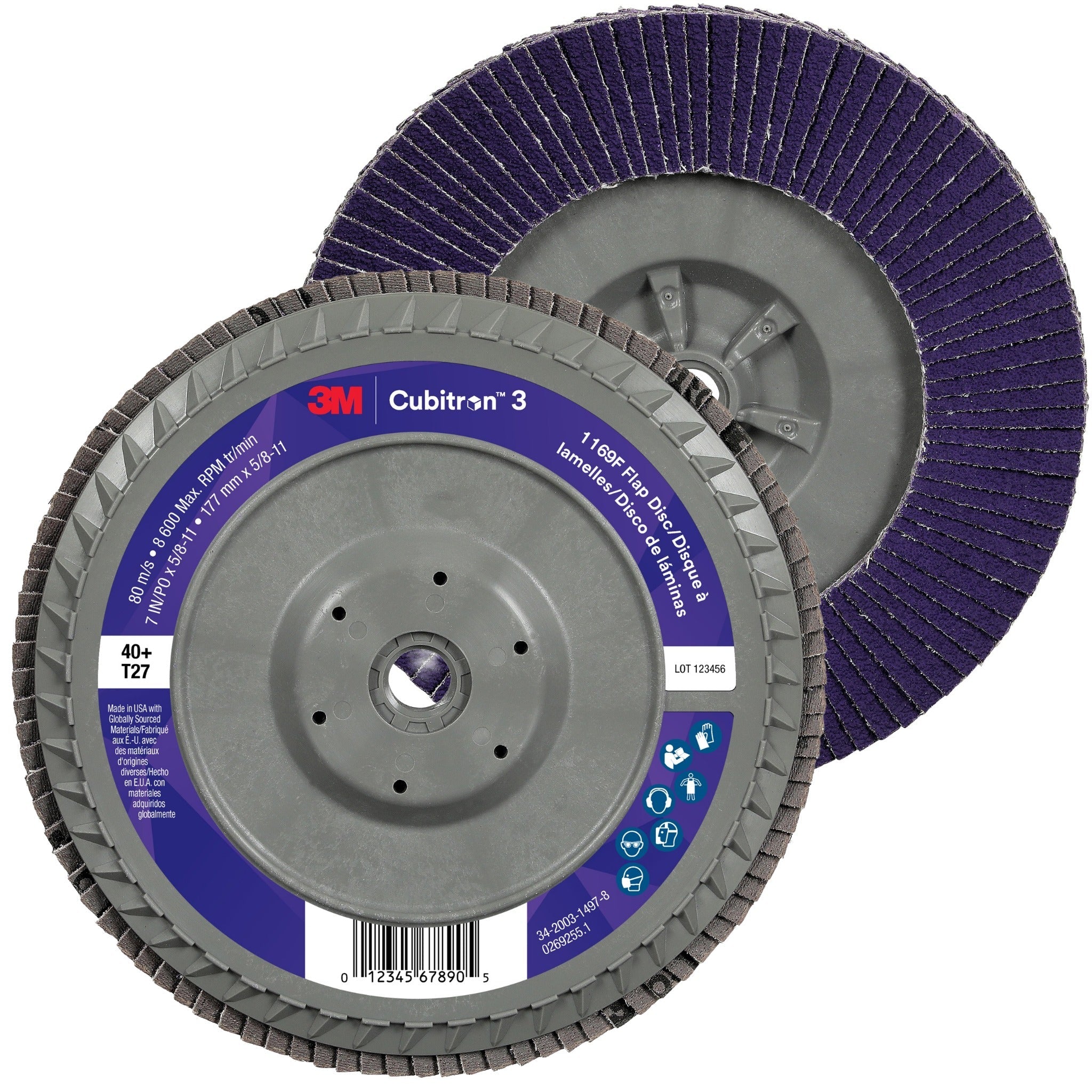 3M Cubitron 3 7100380485/1169F Flap Disc, 40+, T27-Flat Quick Change, 7 in x 5/8 in-11, Case of 5 