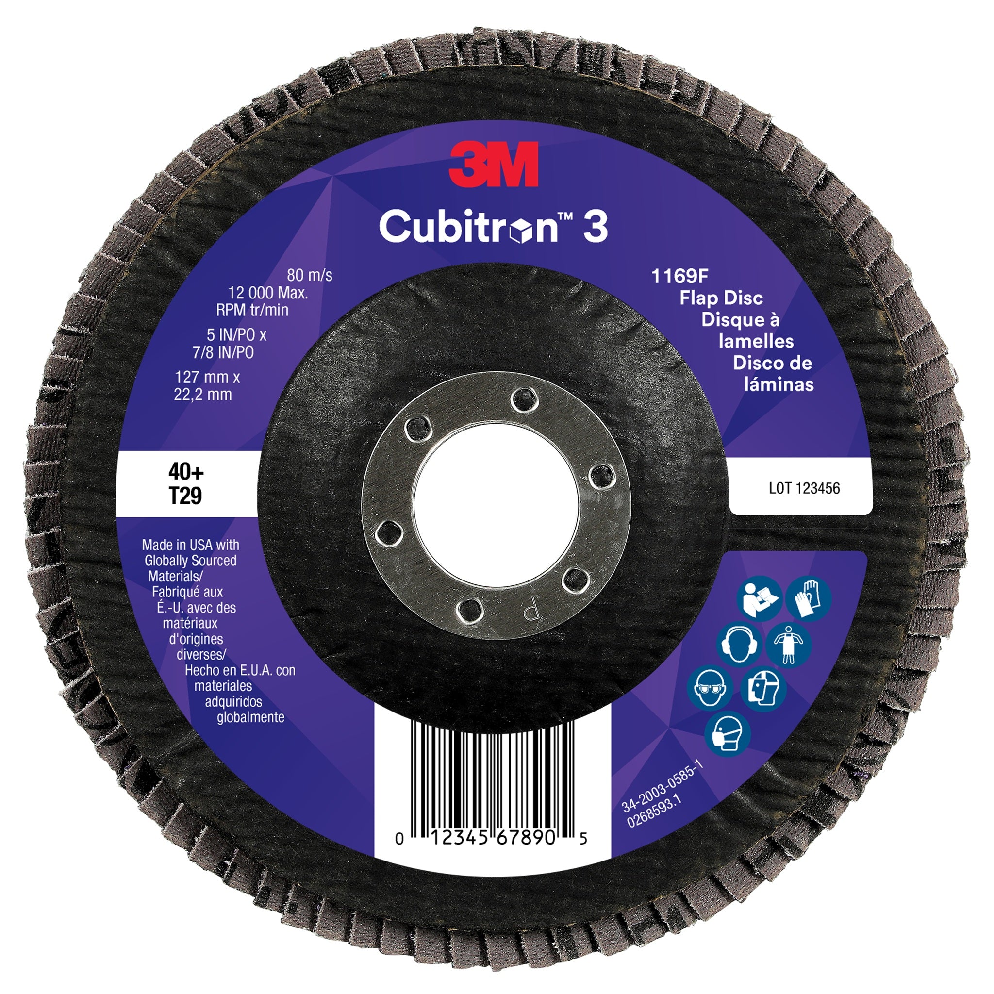 3M Cubitron 3 7100380494/1169F Flap Disc, 40+, T29-Conical, 5 in x 7/8 in, Case of 10