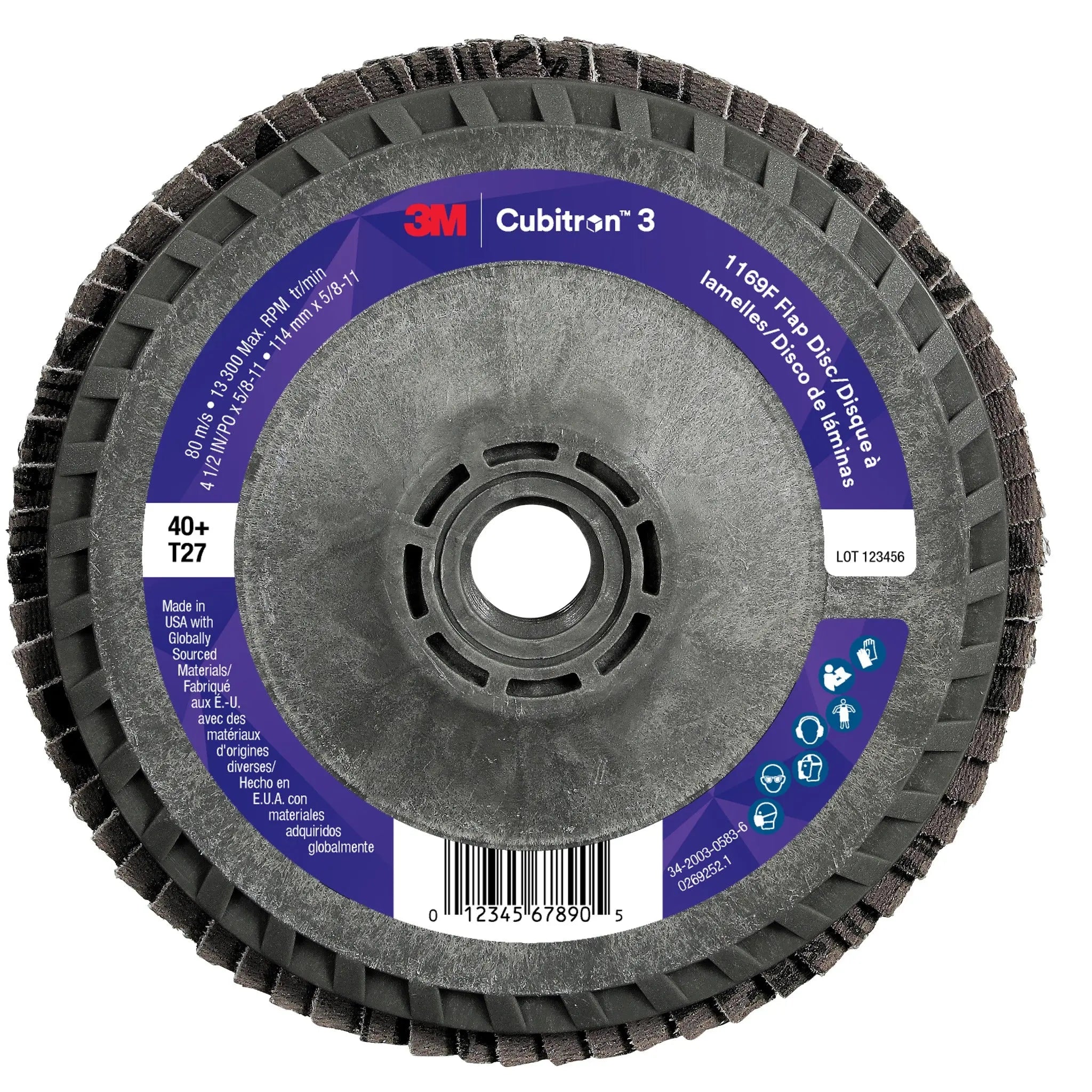 3M Cubitron 3 7100404324/1169F Flap Disc, 40+, T27-Flat Quick Change, 4-1/2 in x 5/8 in-11, Case of 10 